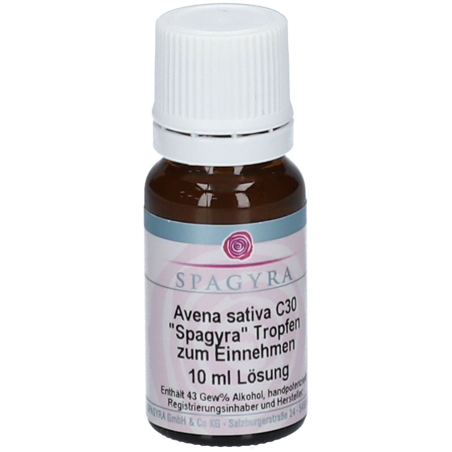 Braune Glasflasche mit weißem Schraubverschluss. Etikett mit Produktnamen SPAGYRA Avena sativa C30, Tropfen. 10 ml Lösung.