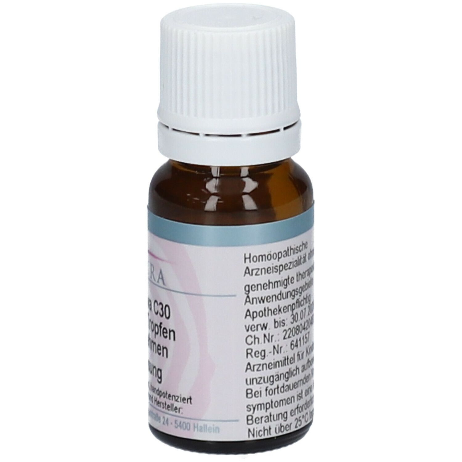 Braune Glasflasche mit weißem Schraubverschluss. Etikett mit Produktinformationen, Barcode und Verfallsdatum. Homöopathisches Arzneimittel.
