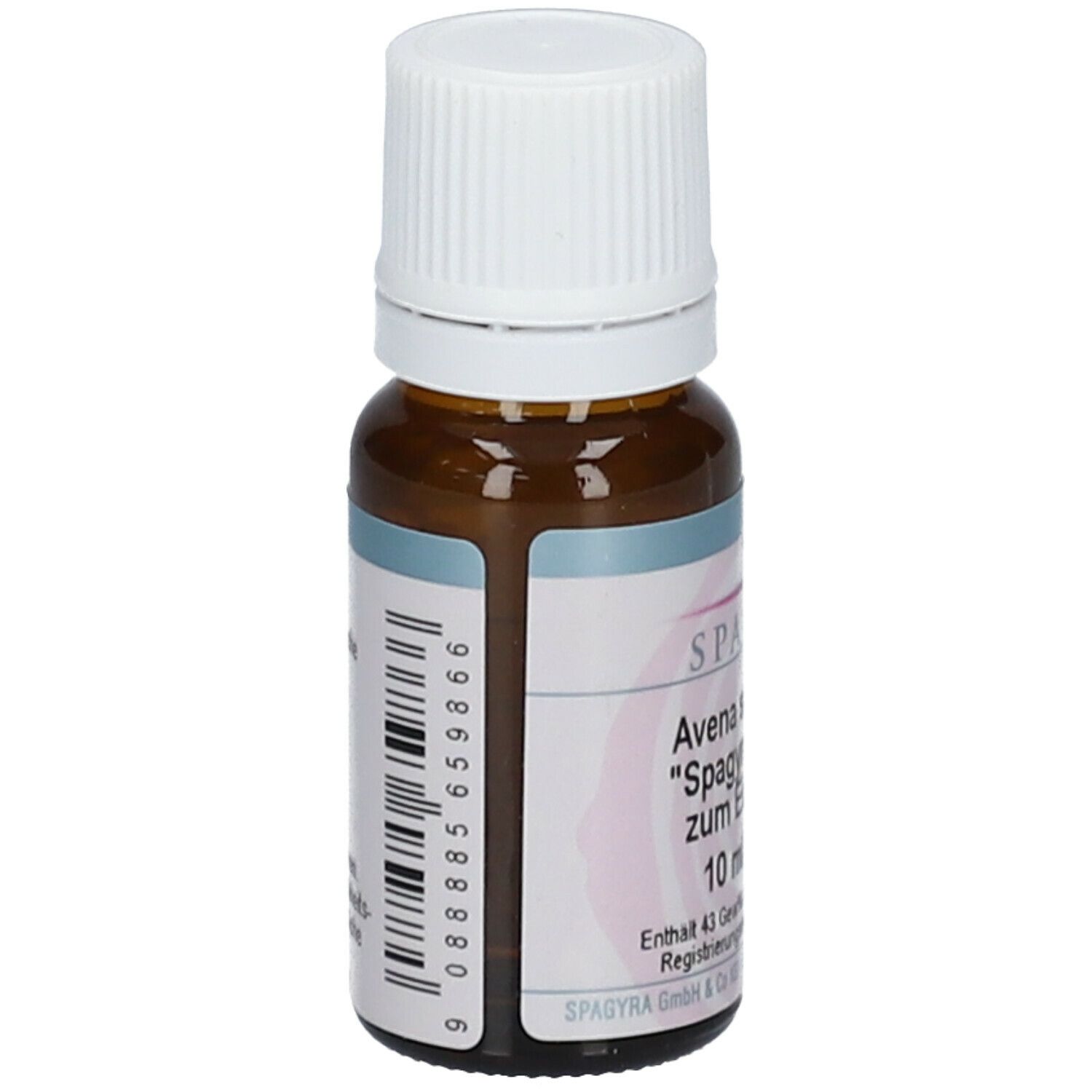 Braune Glasflasche mit weißem Deckel. Etikett mit Barcode und SPAGYRA, Avena sativa C200, Tropfen. 10 ml Lösung.