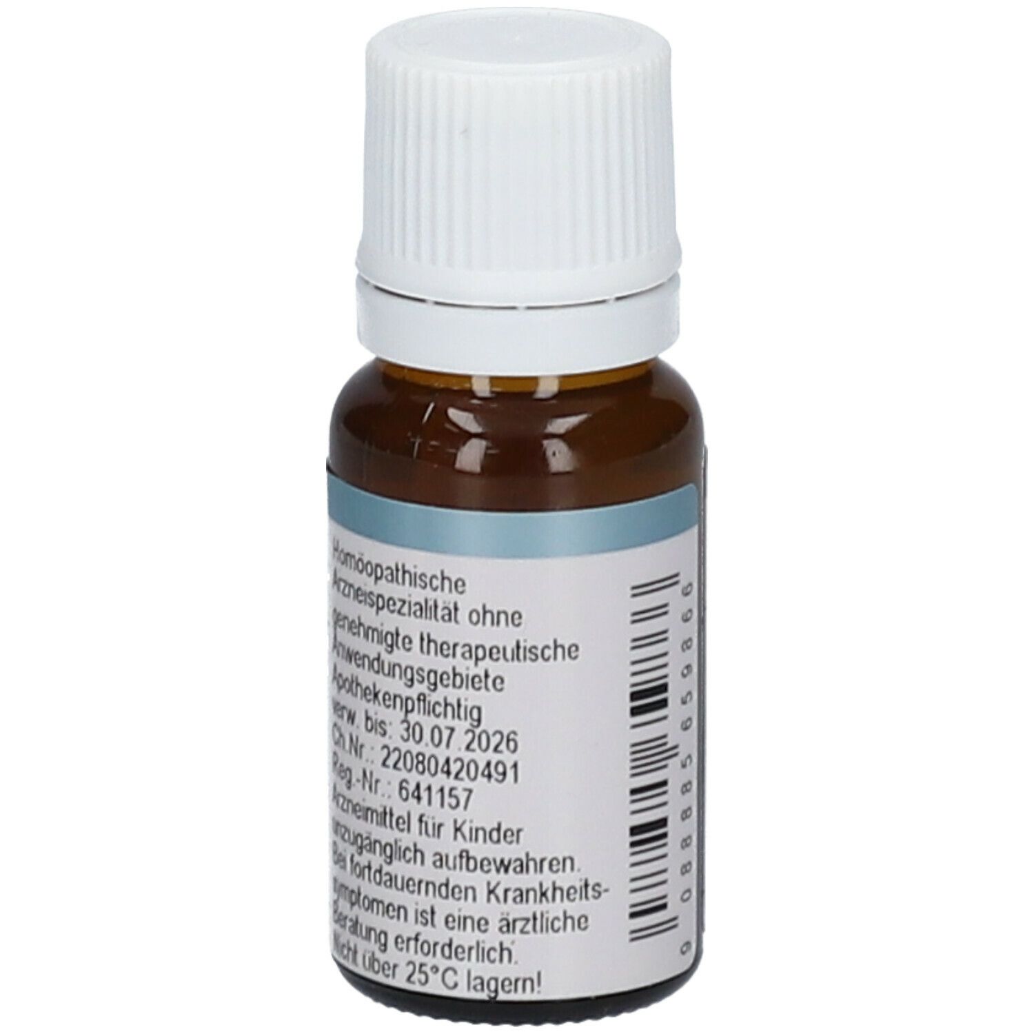 Braune Glasflasche mit weißem Deckel. Etikett mit homöopathischen Informationen. Apothekenpflichtig. Haltbarkeit bis 30.07.2026.