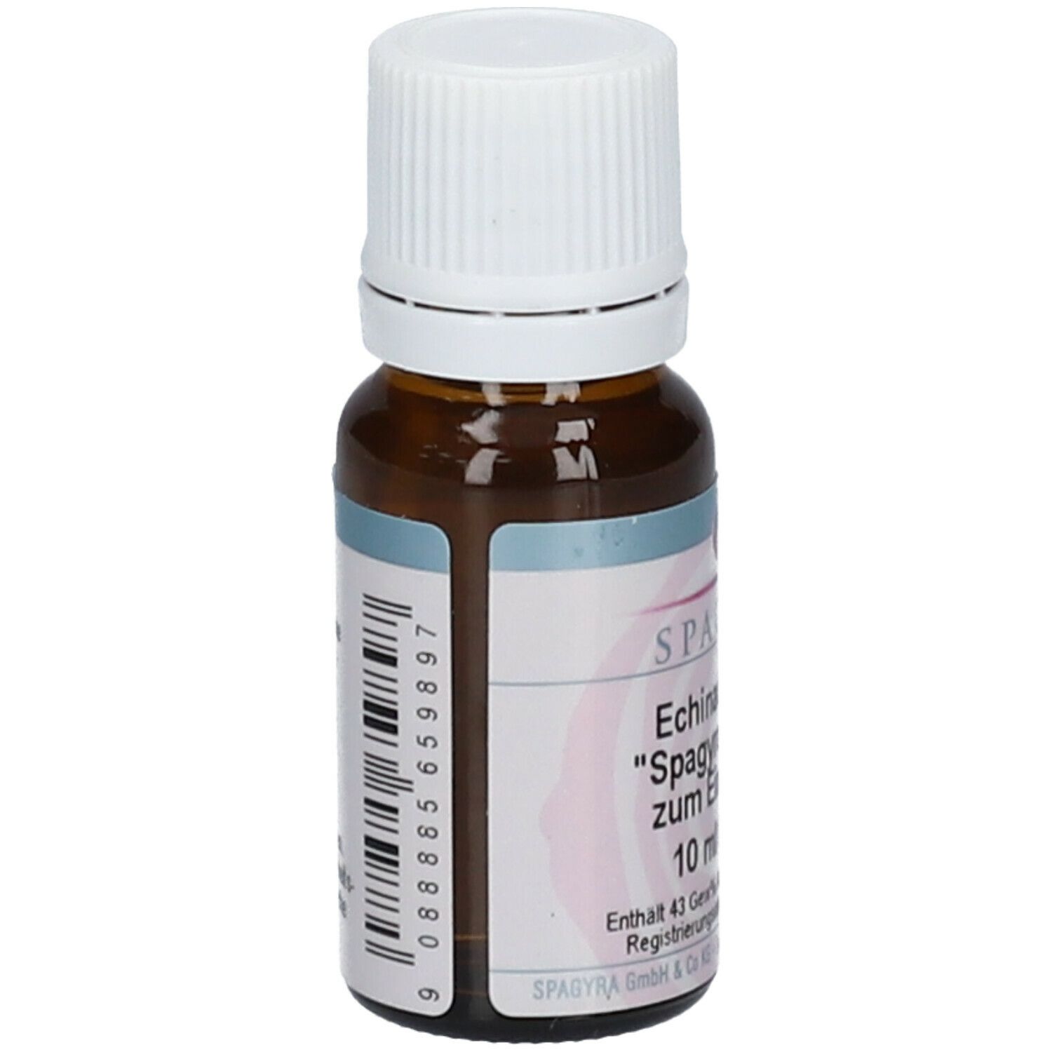 Braune Glasflasche mit weißem Deckel. Barcode und Etikett mit Produktinformationen. SPAGYRA Echinacea C200.