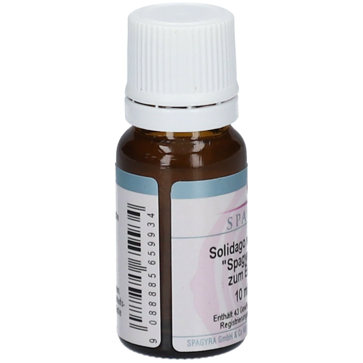 Braune Glasflasche mit weißem Deckel. Etikett mit Barcode und Produktinformationen. 10 ml Lösung.