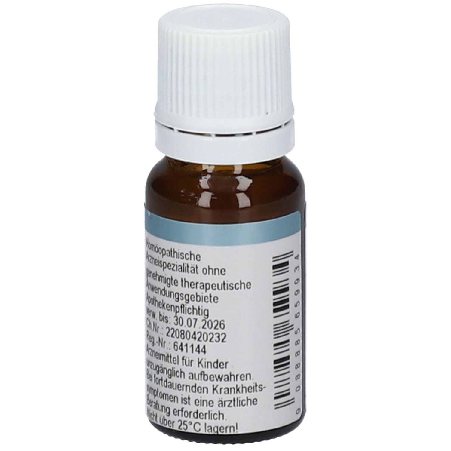 Braune Glasflasche mit weißem Deckel. Etikett mit Produktinformationen und Verfallsdatum. 10 ml Lösung.