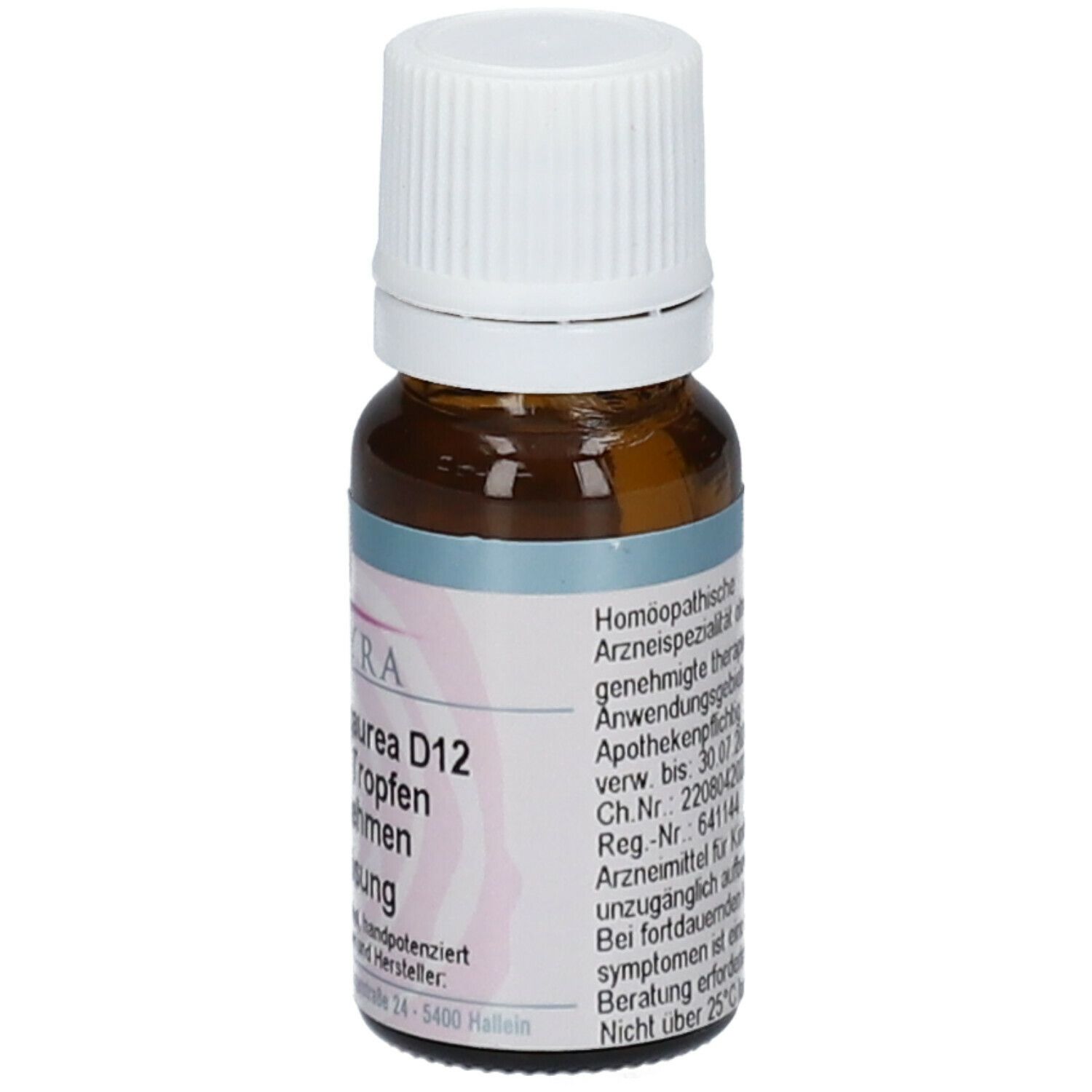 Braune Glasflasche mit weißem Deckel. Etikett mit Produktinformationen. 10 ml Lösung.