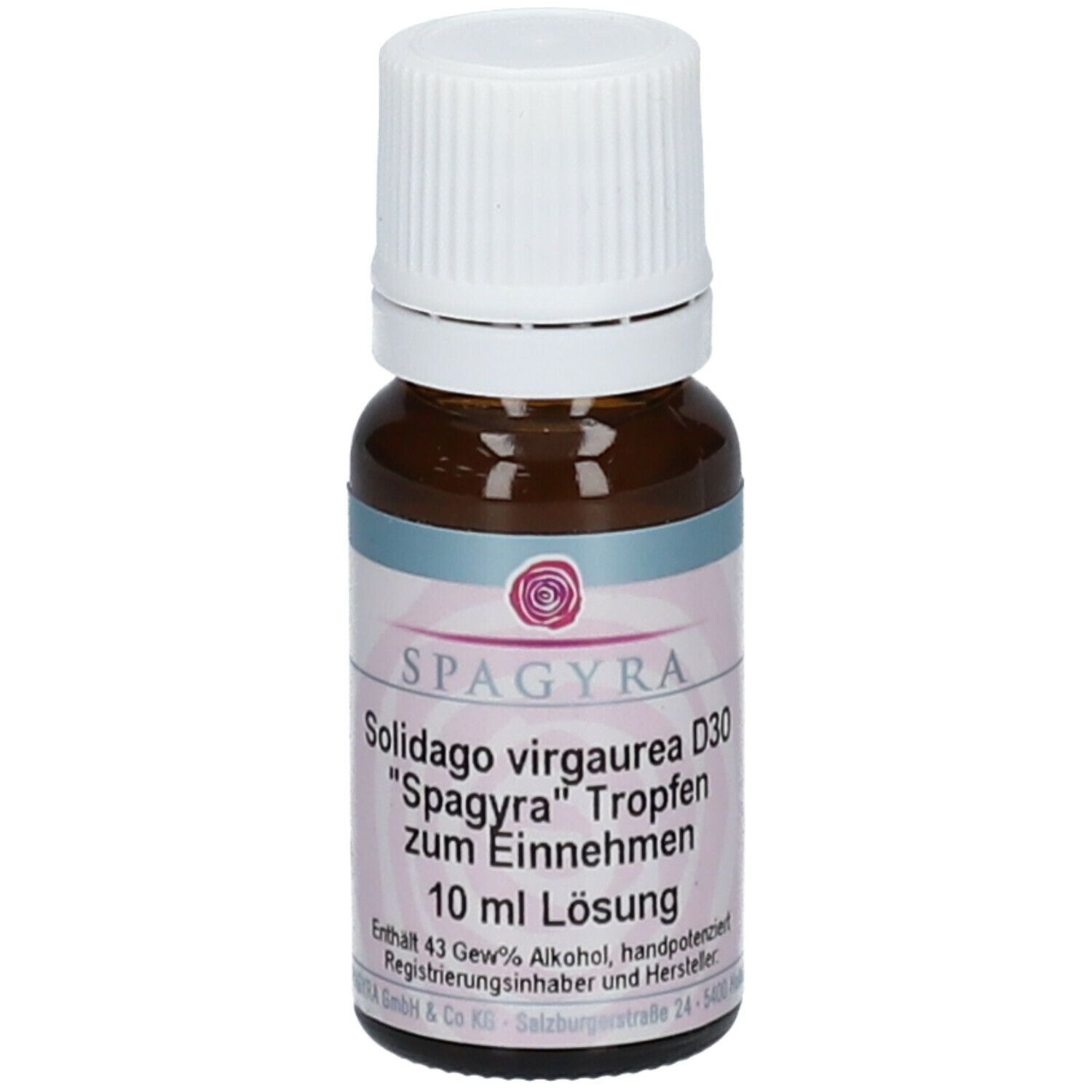 Braune Glasflasche mit weißem Schraubverschluss. Etikett mit Produktinformationen: SPAGYRA Solidago virgaurea D30, 10 ml Lösung.