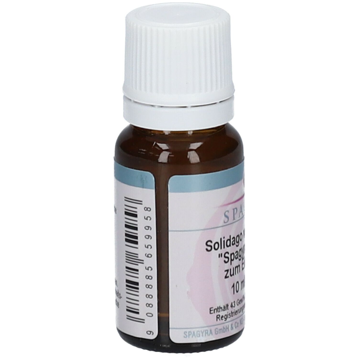 Braune Glasflasche mit weißem Verschluss. Etikett mit Barcode und Produktinformationen: SPAGYRA Solidago virgaurea D30, 10 ml.