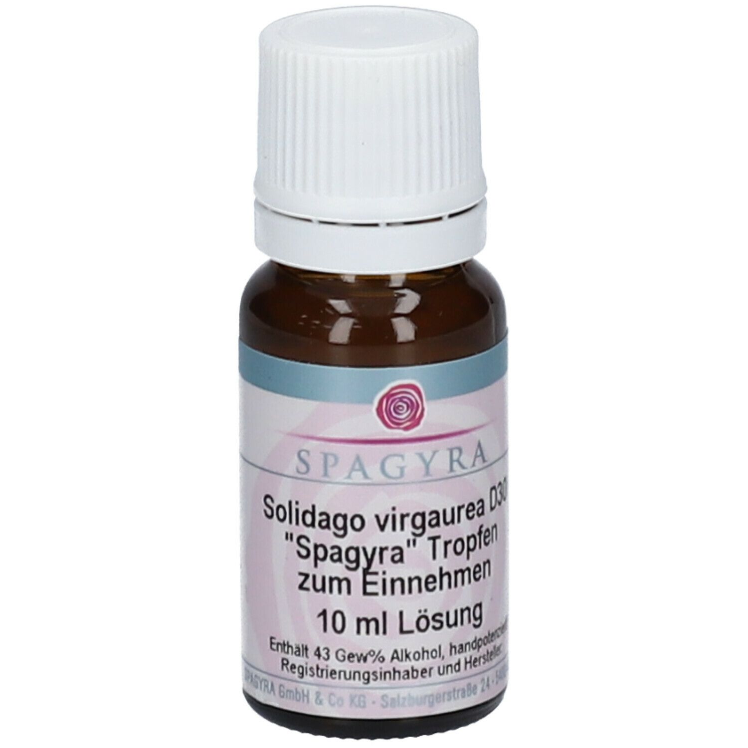 Braune Glasflasche mit weißem Schraubverschluss. Etikett mit Produktinformationen: SPAGYRA Solidago virgaurea D30, 10 ml Lösung.