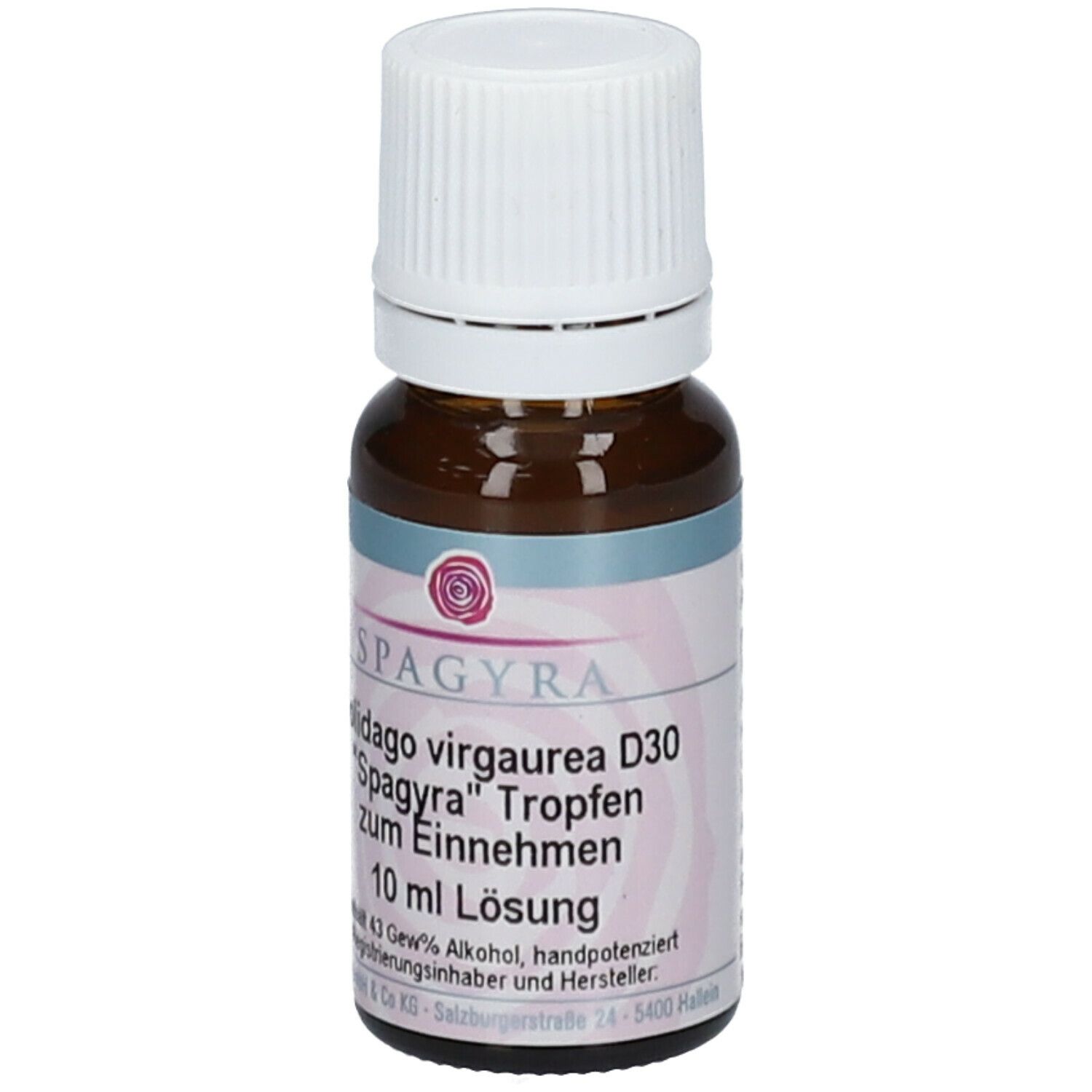 Braune Glasflasche mit weißem Verschluss. Etikett mit Produktinformationen: SPAGYRA Solidago virgaurea D30, 10 ml Lösung.