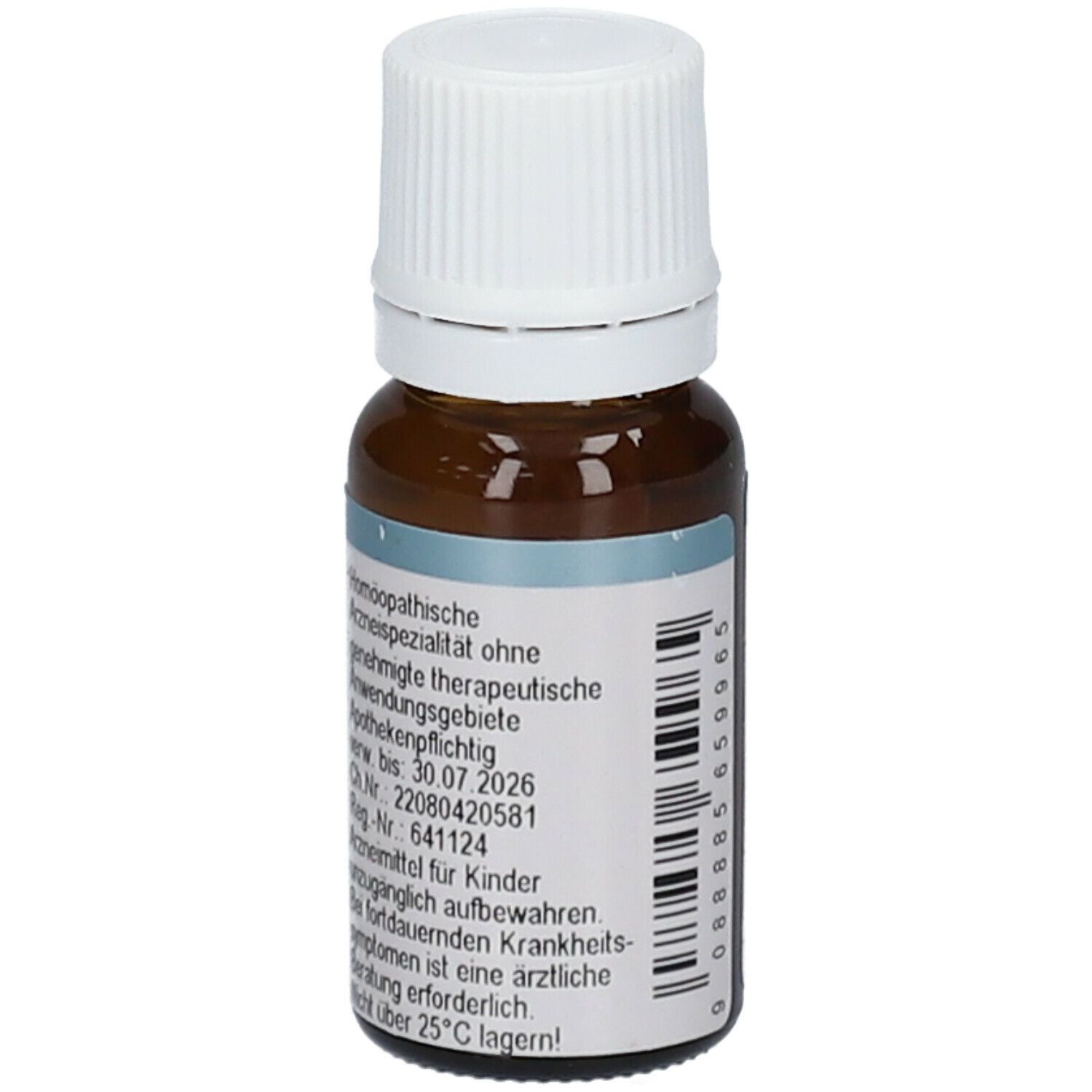 Braune Glasflasche mit weißem Deckel. Etikett mit Produktinformationen und Barcode. Homöopathisches Arzneimittel.