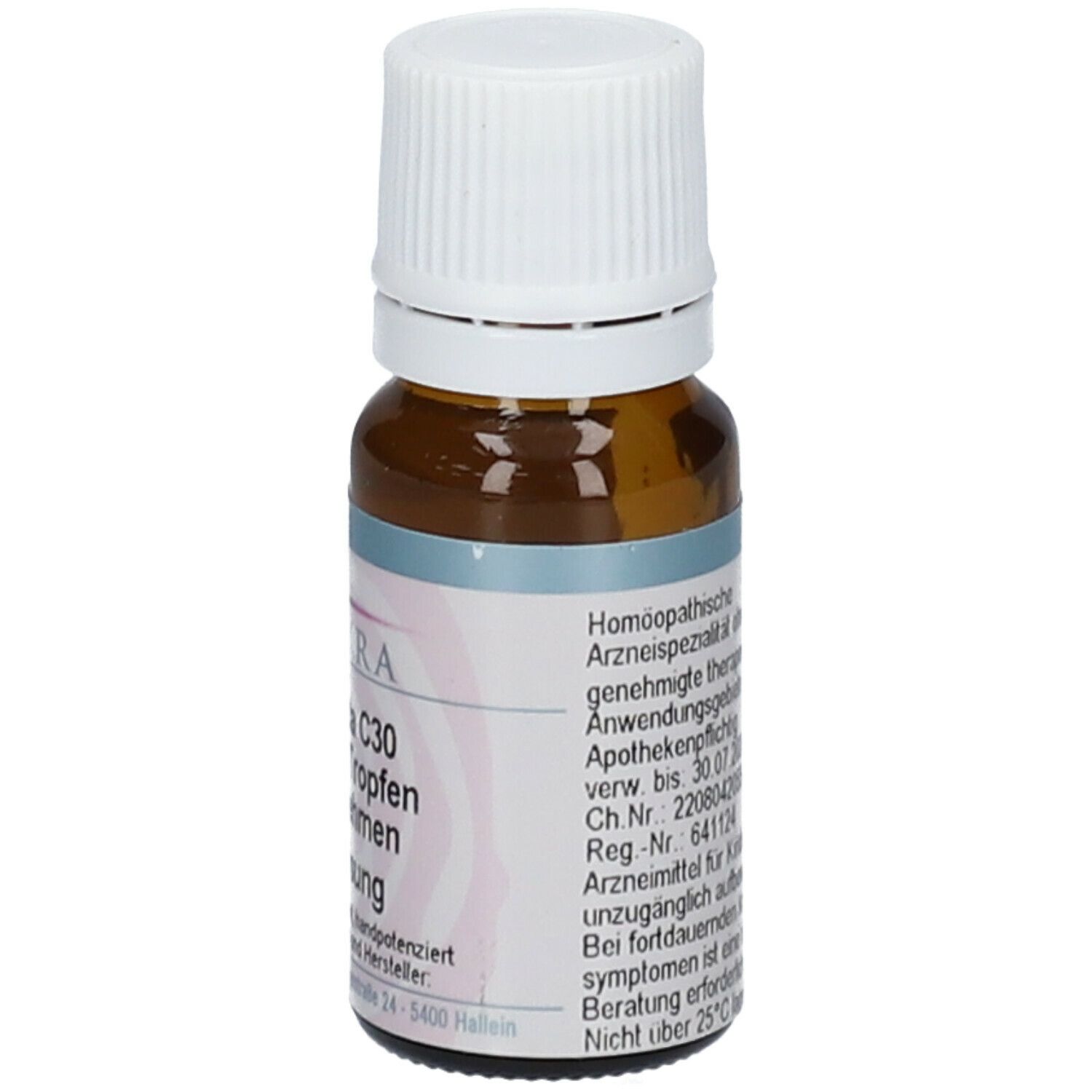 Braune Glasflasche mit weißem Deckel. Etikett mit Text. Homöopathisches Arzneimittel. Apothekenpflichtig.