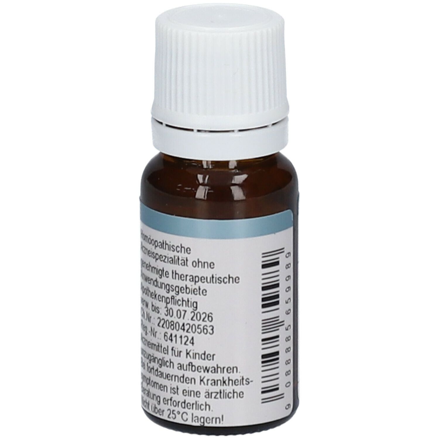 Braune Glasflasche mit weißem Schraubverschluss. Etikett mit Produktinformationen und Barcode.