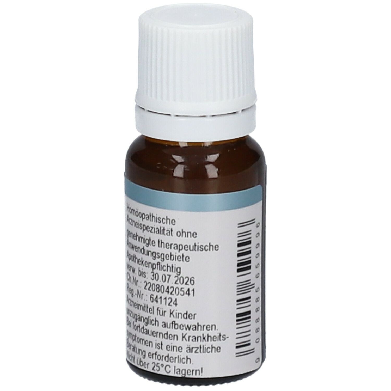 Braune Glasflasche mit weißem Verschluss. Etikett mit Text: Homöopathische Arzneispezialität. Haltbarkeit bis 30.07.2026.