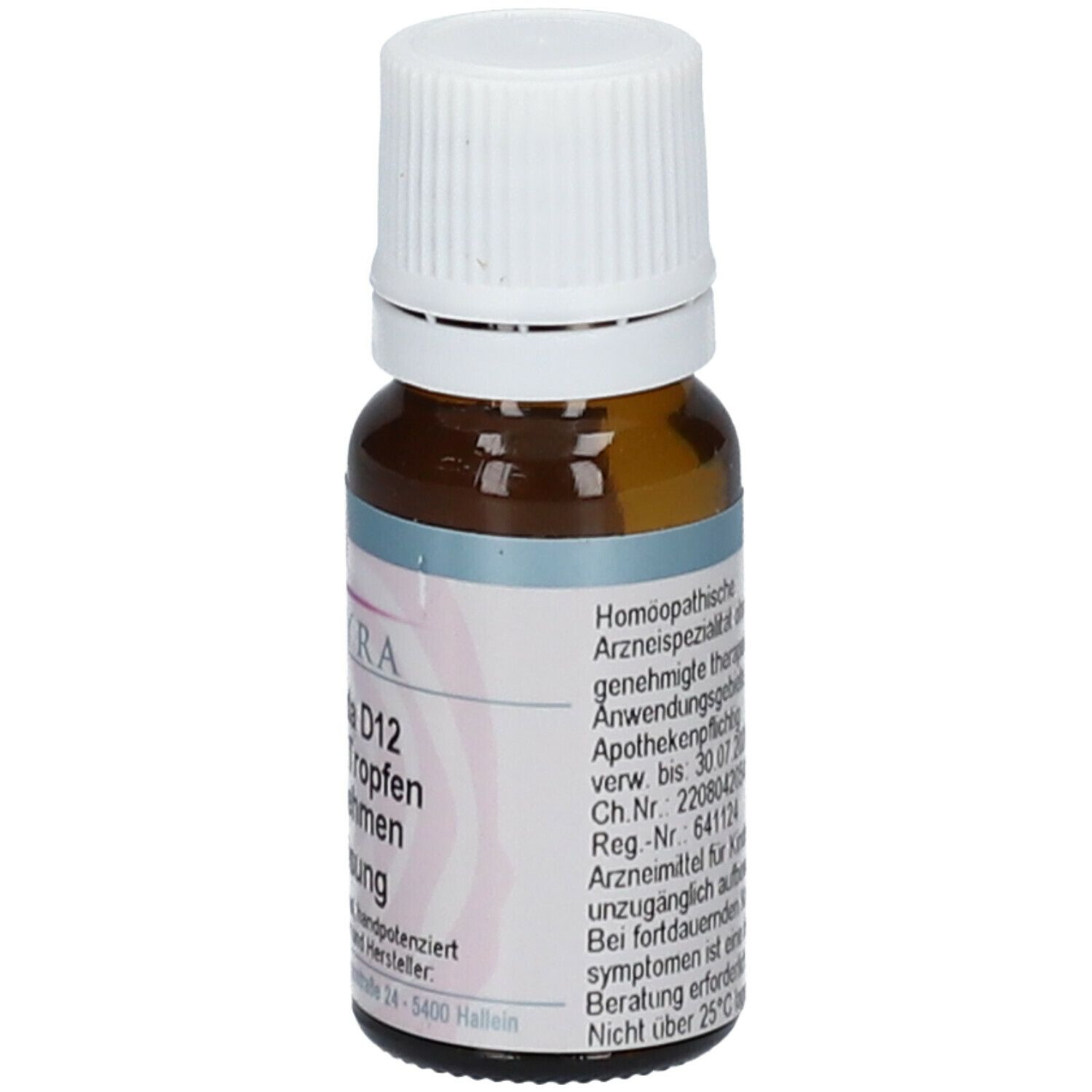 Braune Glasflasche mit weißem Verschluss. Etikett mit Text: Homöopathische Arzneispezialität. Apothekenpflichtig.