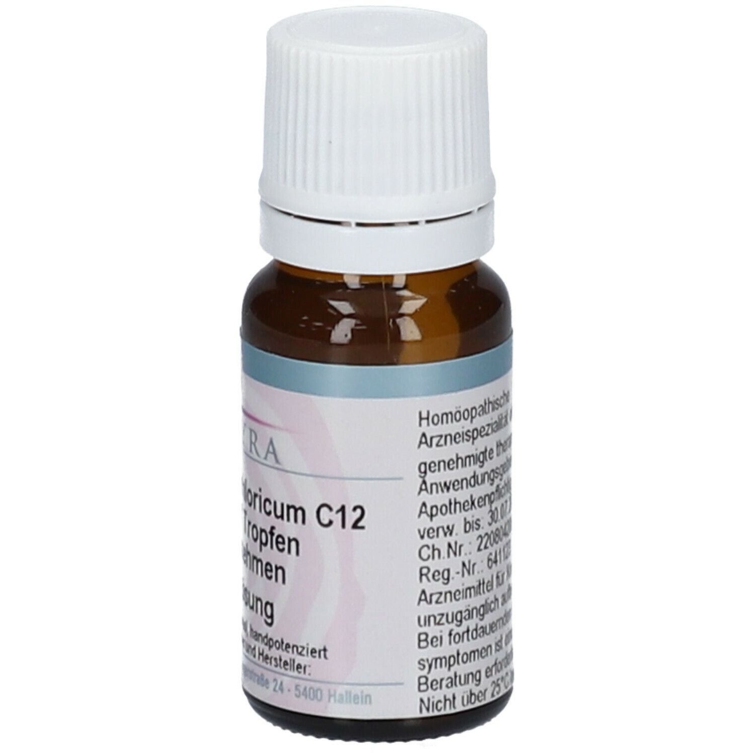 Braune Glasflasche mit weißem Deckel. Etikett mit Text. Homöopathisches Arzneimittel.