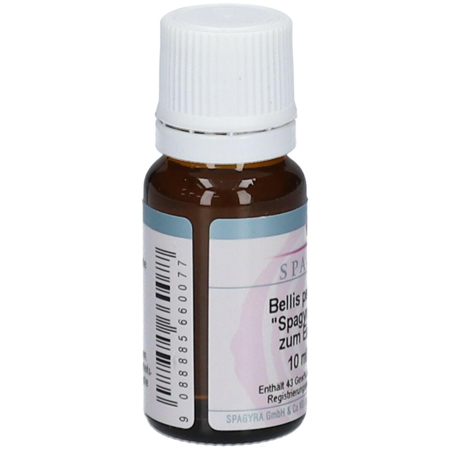 Braune Glasflasche mit weißem Deckel. Etikett mit Barcode und Produktinformationen. SPAGYRA Bellis perennis C12, 10 ml Lösung.