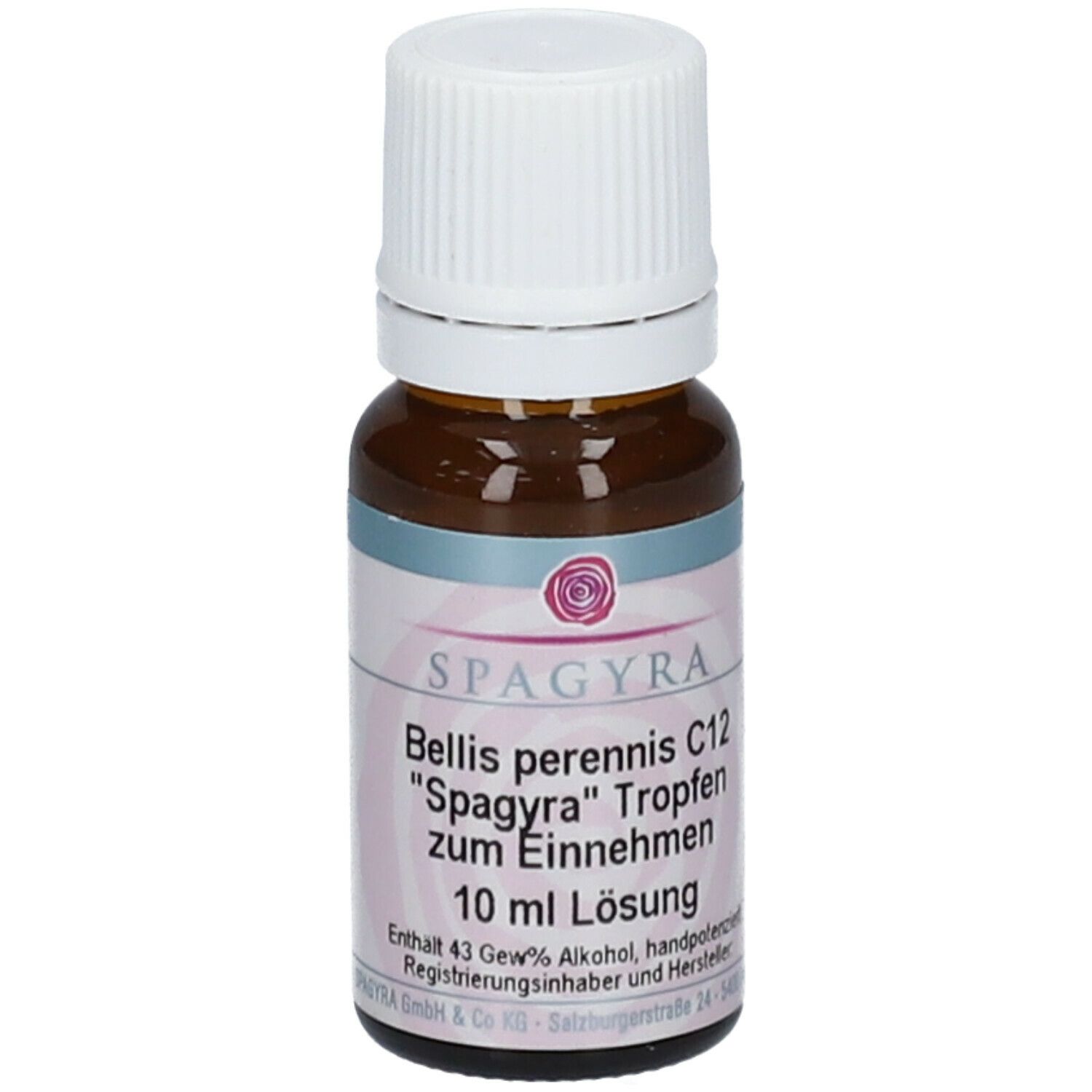Braune Glasflasche mit weißem Deckel. Etikett mit Produktnamen SPAGYRA Bellis perennis C12, Tropfen. 10 ml Lösung.
