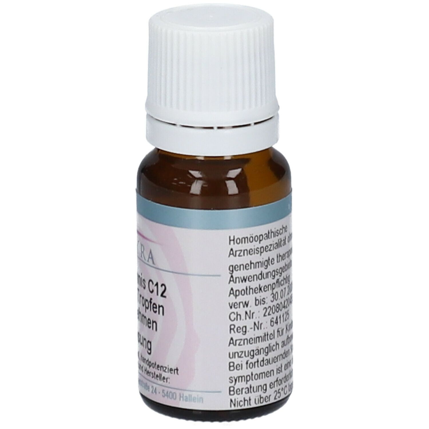 Braune Glasflasche mit weißem Deckel. Etikett mit Produktinformationen und Chargennummer. Homöopathisches Arzneimittel.