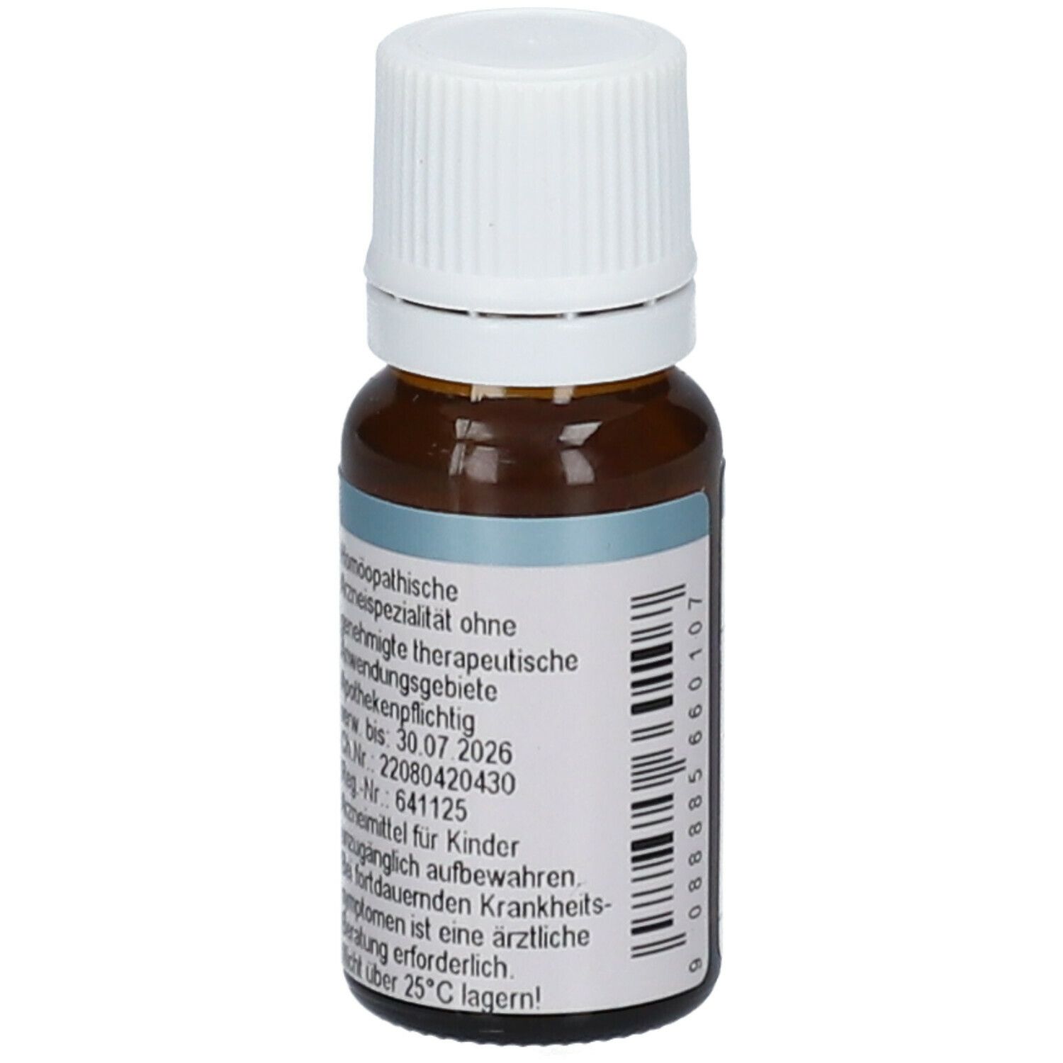 Braune Glasflasche mit weißem Schraubverschluss. Etikett mit Text und Barcode. Homöopathisches Arzneimittel.