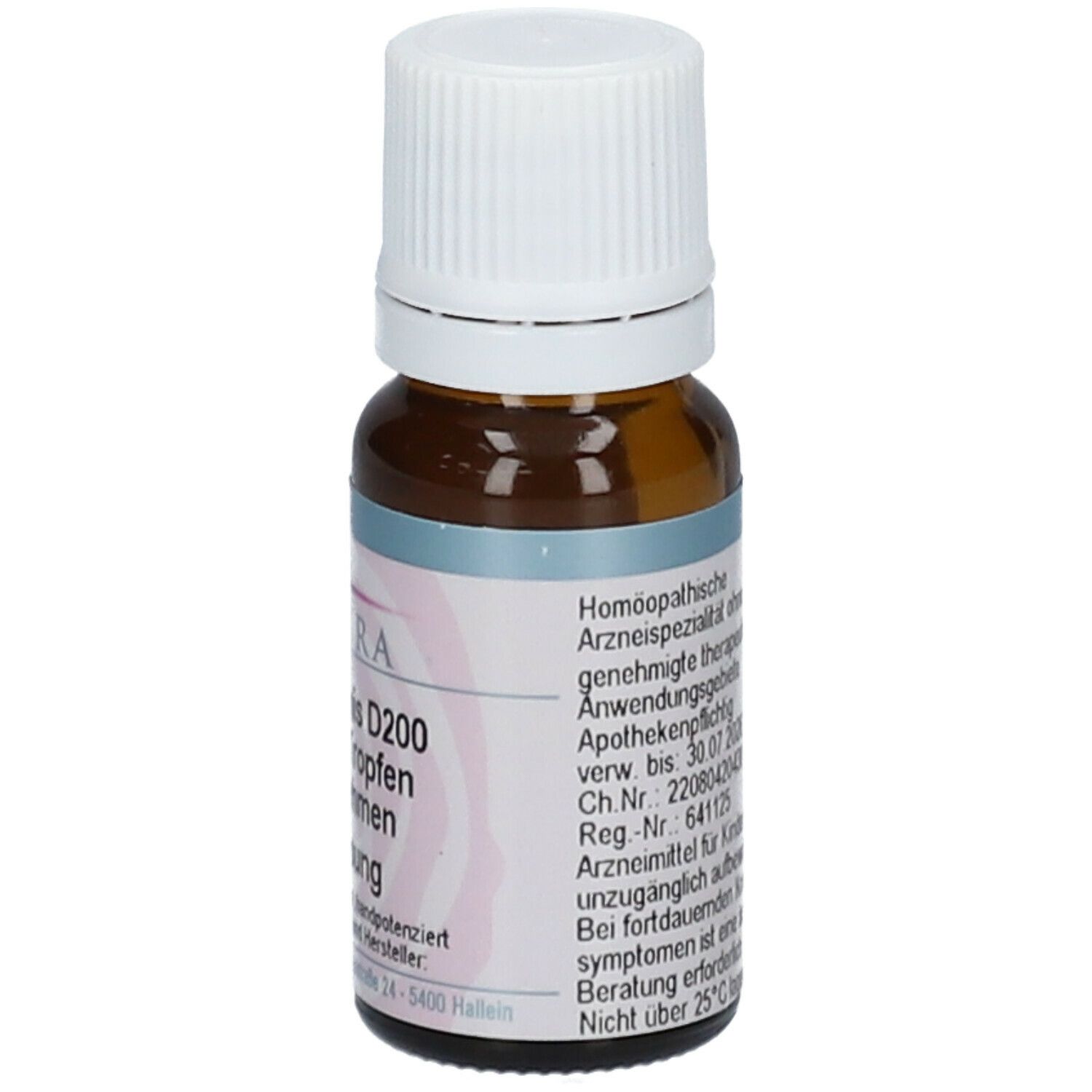 Braune Glasflasche mit weißem Schraubverschluss. Etikett mit Text. Homöopathisches Arzneimittel.