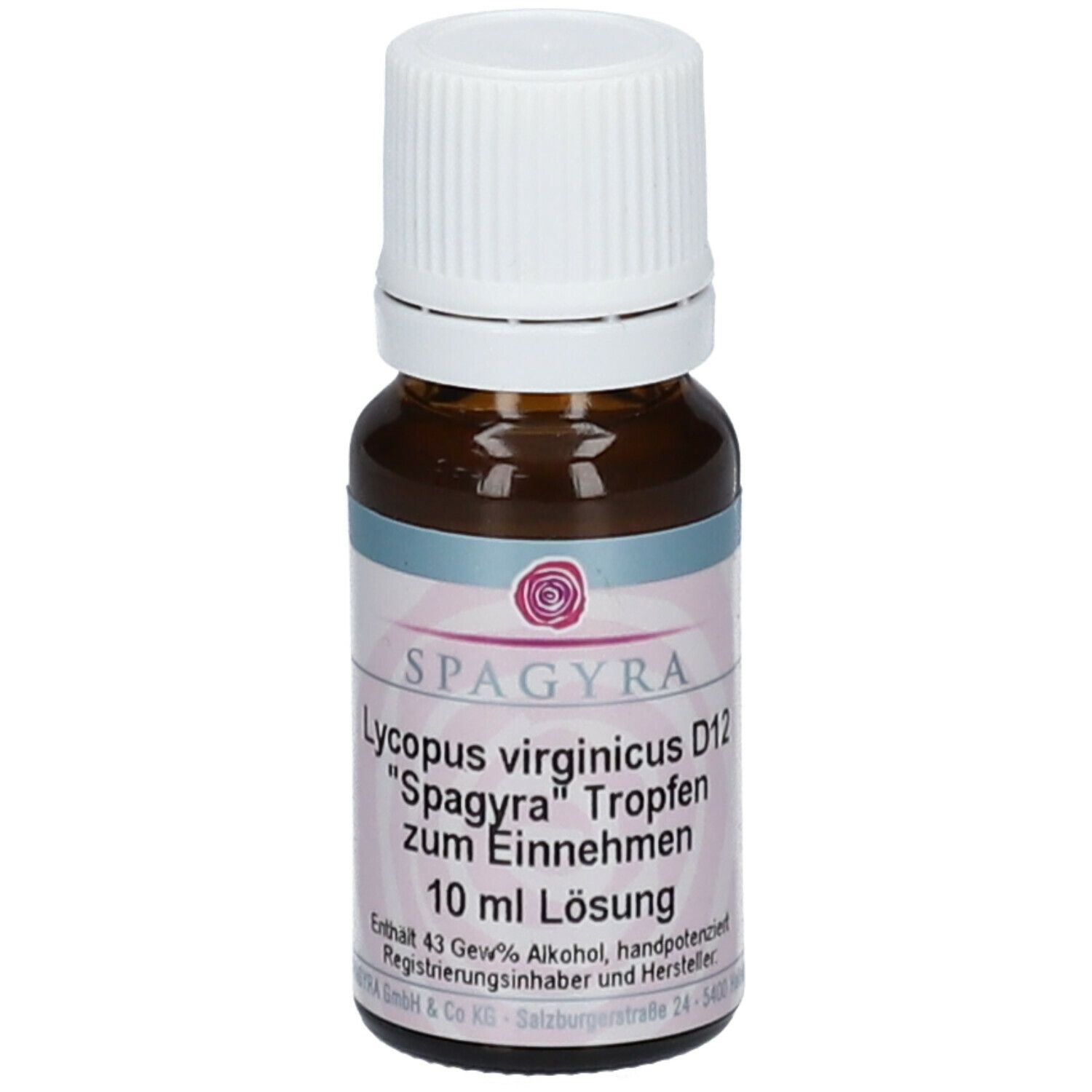 Braune Glasflasche mit weißem Verschluss. Aufschrift: SPAGYRA Lycopus virginicus D12, 10 ml Lösung.