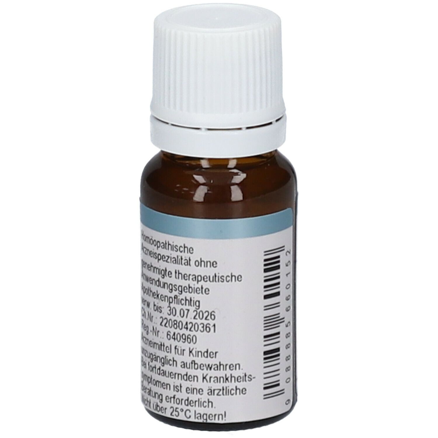 Braune Glasflasche mit weißem Verschluss. Rückseite mit Text: homöopathische Arzneispezialität, Apothekenpflichtig.