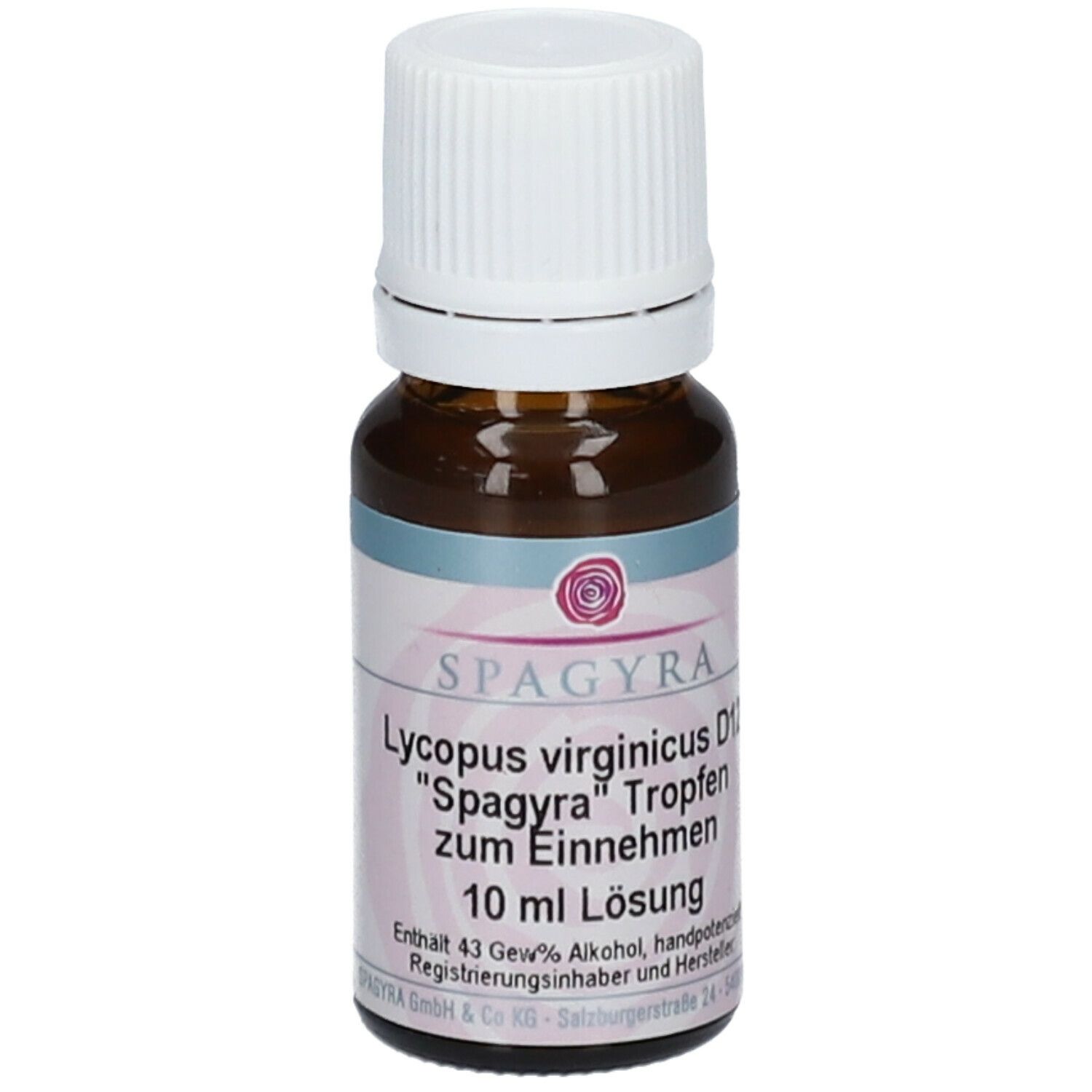 Braune Glasflasche mit weißem Verschluss. Aufschrift: SPAGYRA Lycopus virginicus D12, 10 ml Lösung.