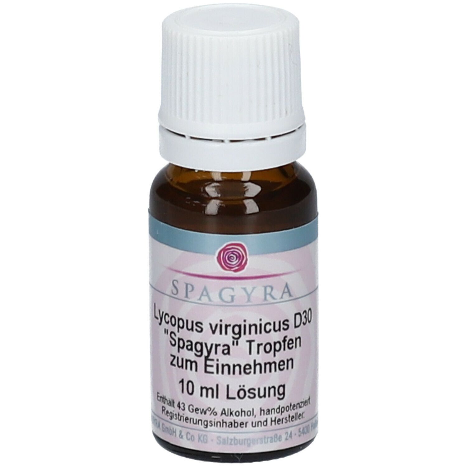 Braune Glasflasche mit weißem Schraubverschluss. Etikett mit Produktnamen und Inhaltsangabe. 10 ml Lösung.