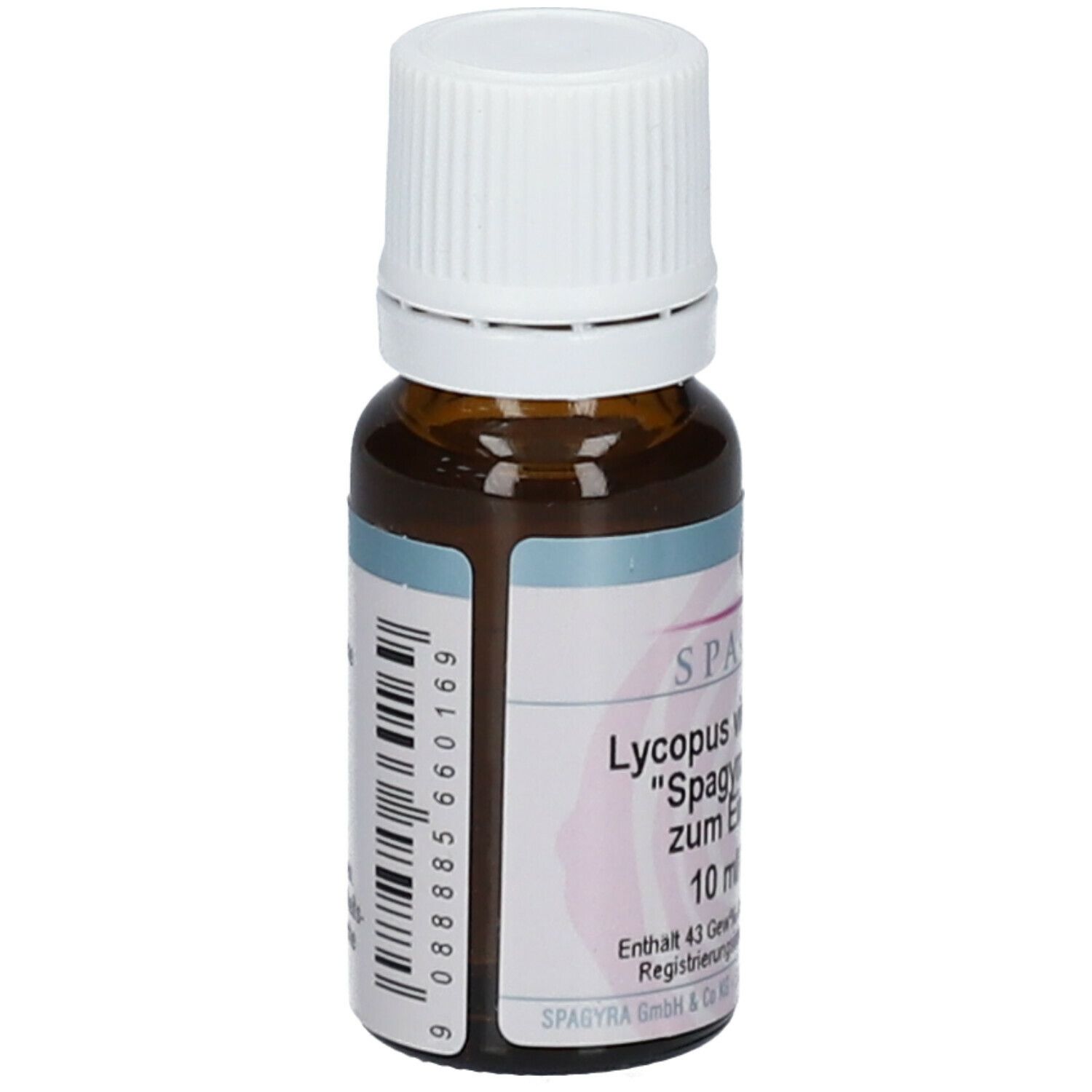 Braune Glasflasche mit weißem Verschluss. Etikett mit Barcode und Produktinformationen. 10 ml Lösung.