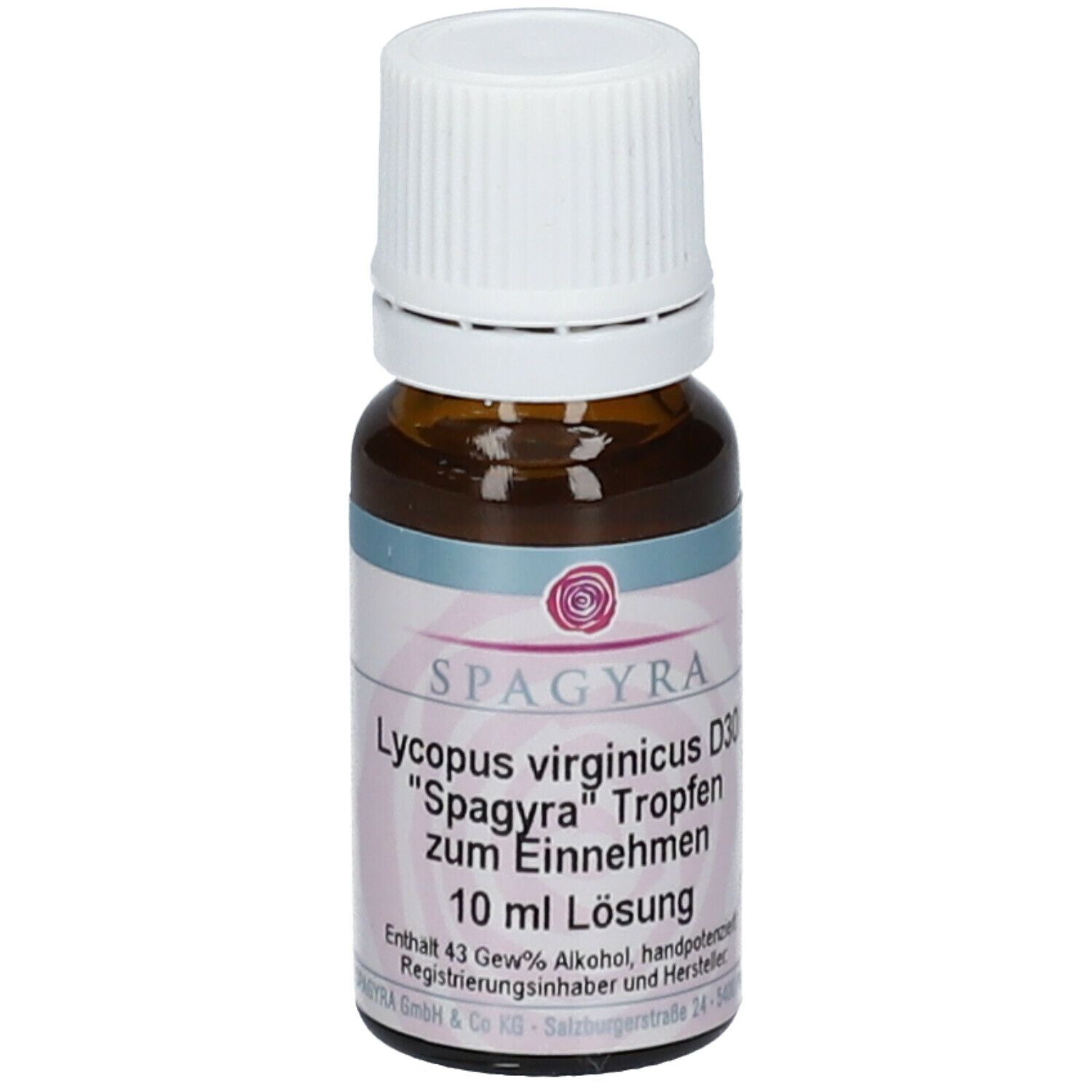 Braune Glasflasche mit weißem Schraubverschluss. Etikett mit Produktnamen und Inhaltsangabe. 10 ml Lösung.