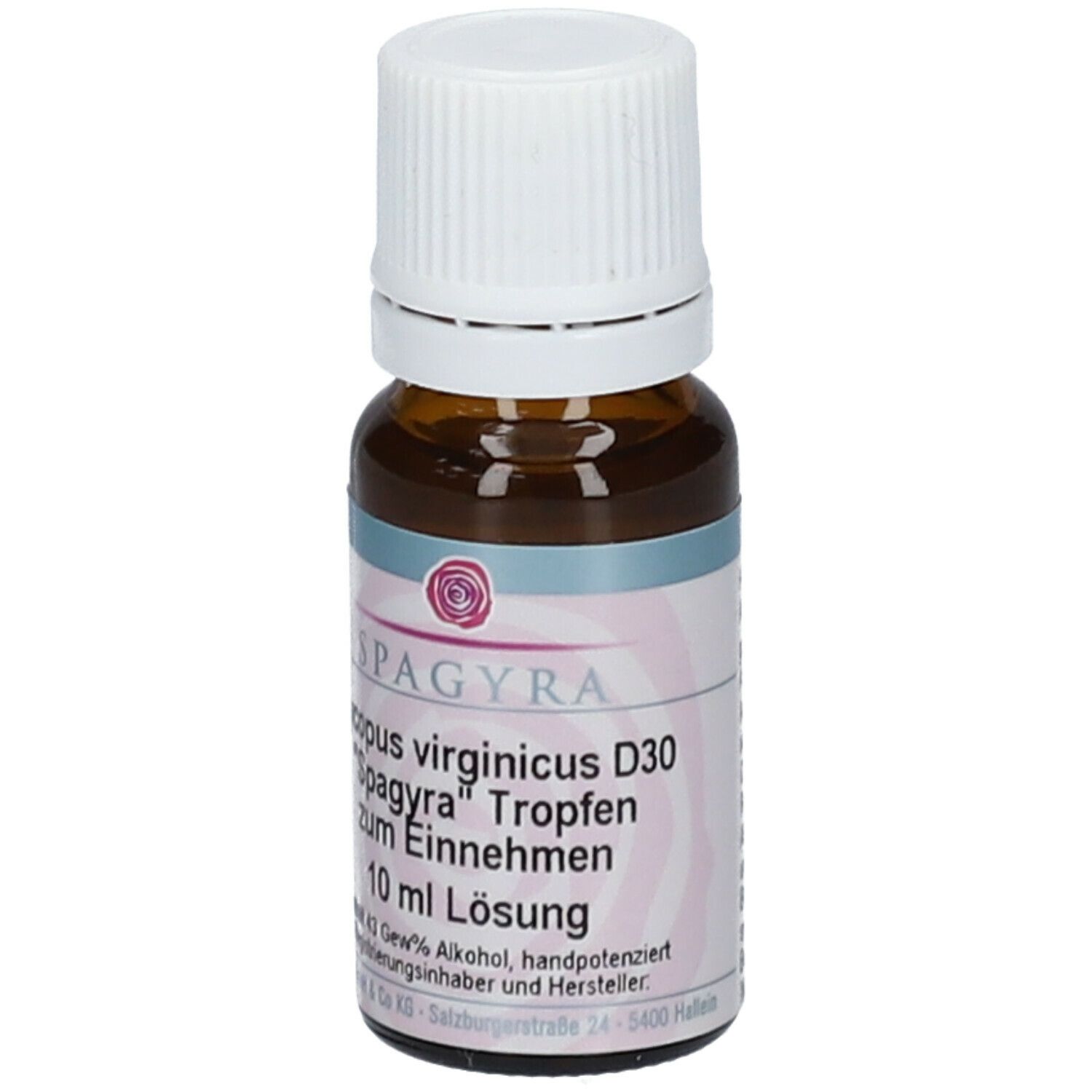 Braune Glasflasche mit weißem Schraubverschluss. Etikett mit Produktnamen und Inhaltsangabe. 10 ml Lösung.