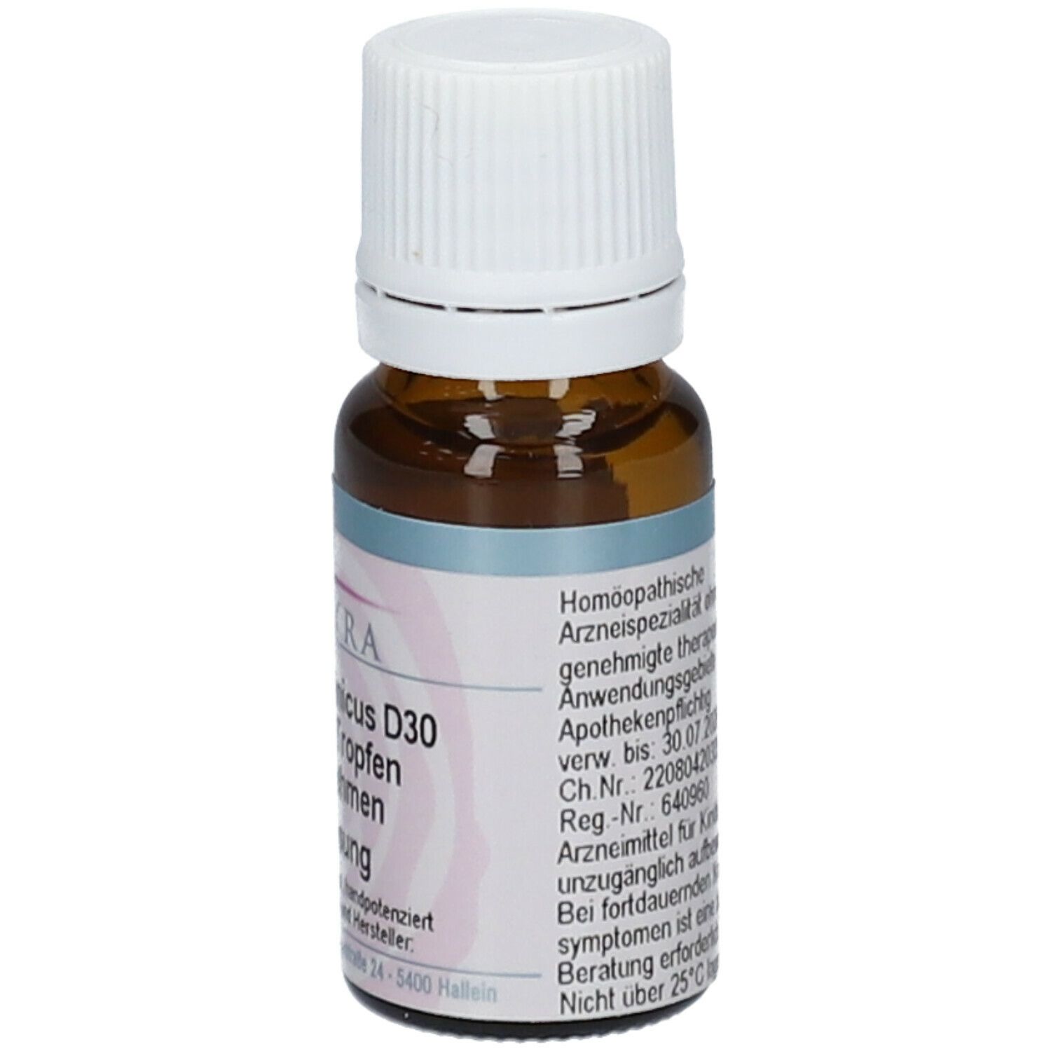 Braune Glasflasche mit weißem Verschluss. Etikett mit Produktinformationen. 10 ml Lösung.