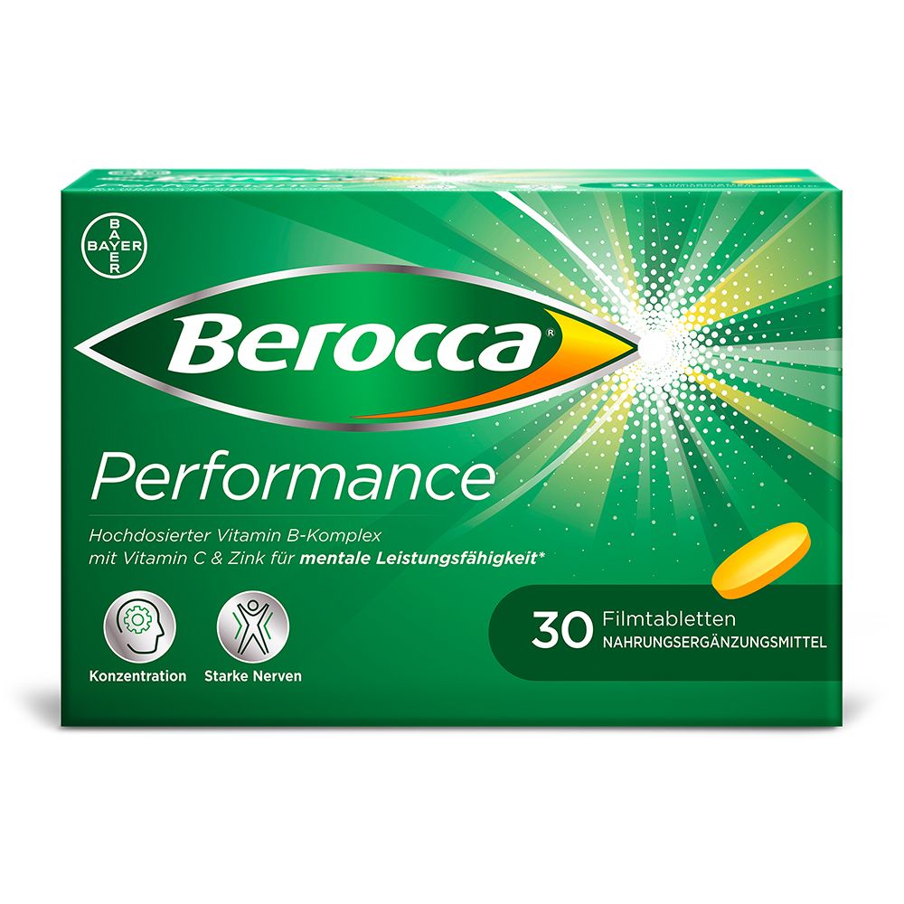 Grüne Schachtel mit Berocca Performance Filmtabletten. Enthält 30 Tabletten. Bayer-Logo.