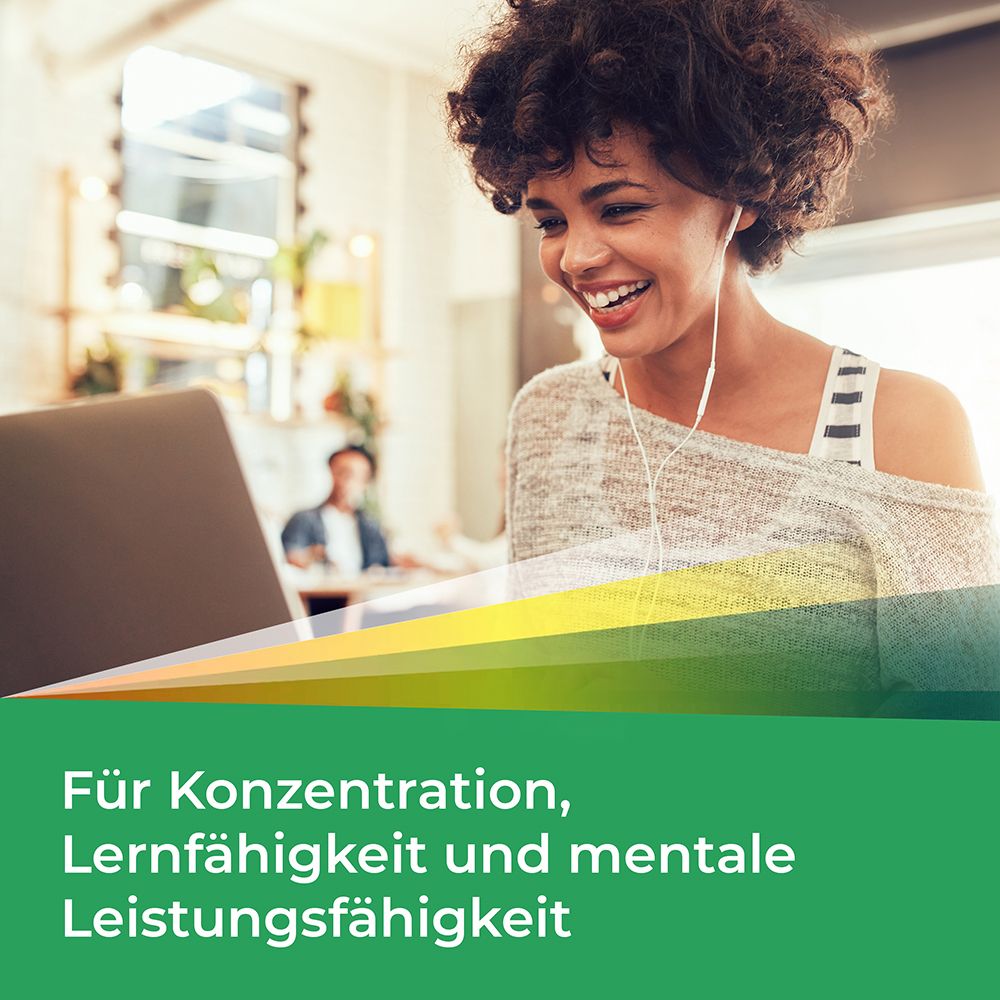 Frau mit Kopfhörern am Laptop. Text: Für Konzentration, Lernfähigkeit und mentale Leistungsfähigkeit.