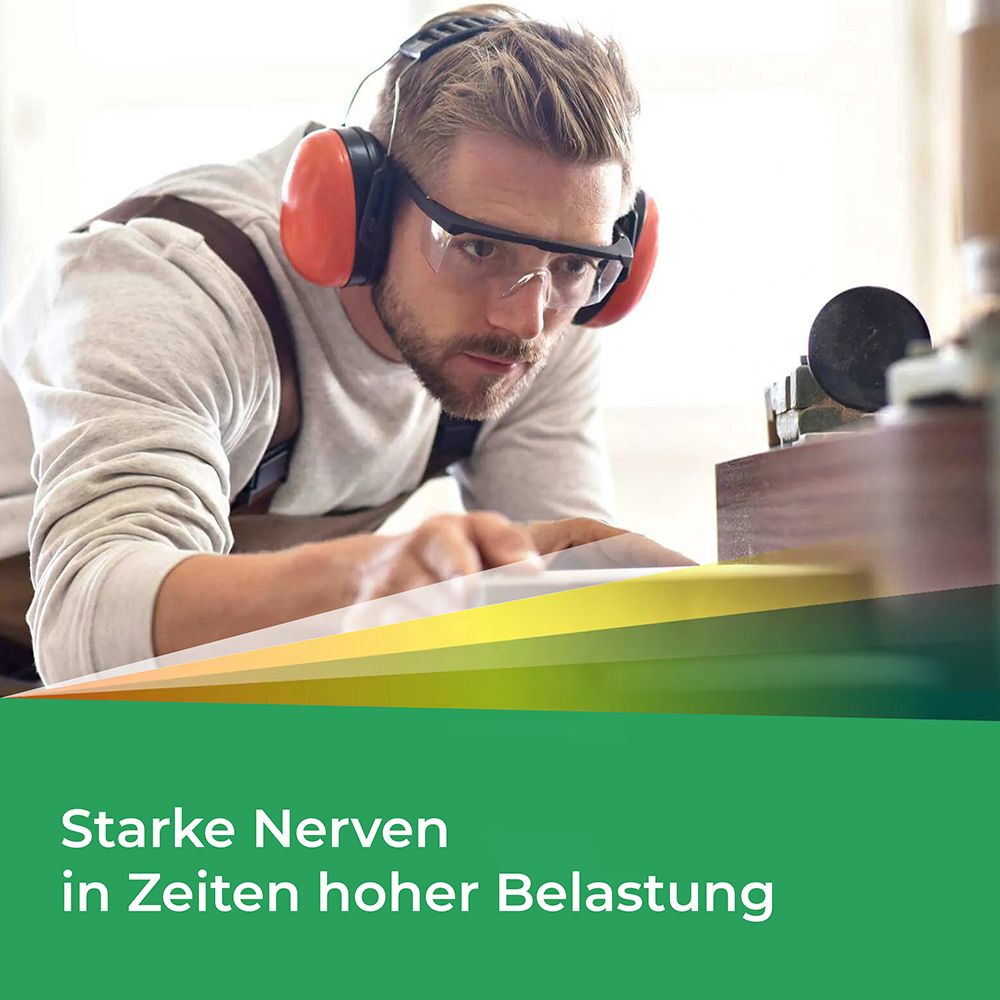 Mann mit Gehörschutz und Schutzbrille. Text: Starke Nerven in Zeiten hoher Belastung.