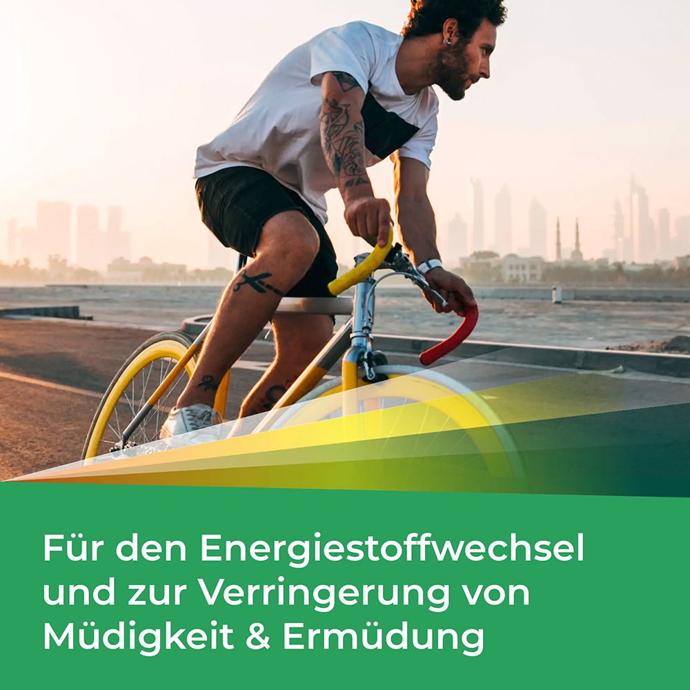 Mann auf Fahrrad. Text: Für den Energiestoffwechsel und zur Verringerung von Müdigkeit & Ermüdung.
