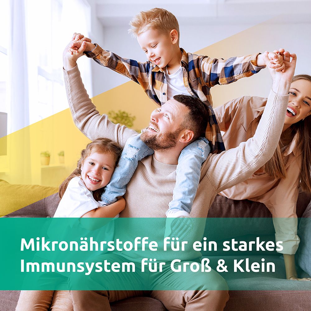 Familie mit zwei Kindern. Text: "Mikronährstoffe für ein starkes Immunsystem für Groß & Klein".