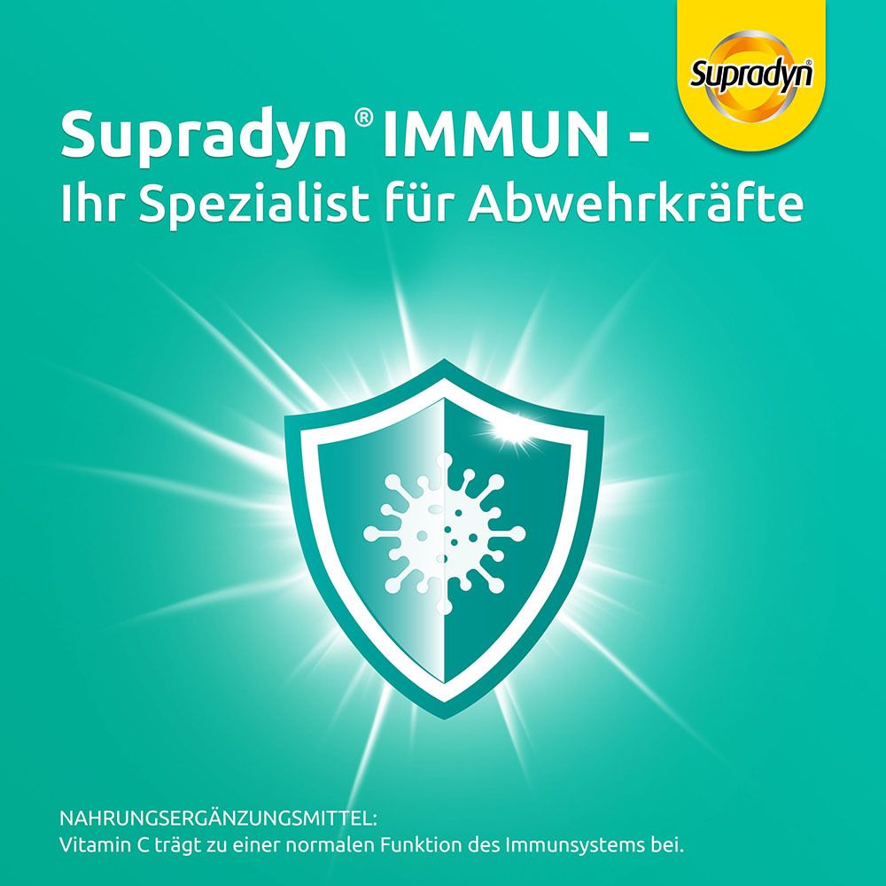 Schild-Symbol mit Text: Supradyn IMMUN. Text: Ihr Spezialist für Abwehrkräfte.