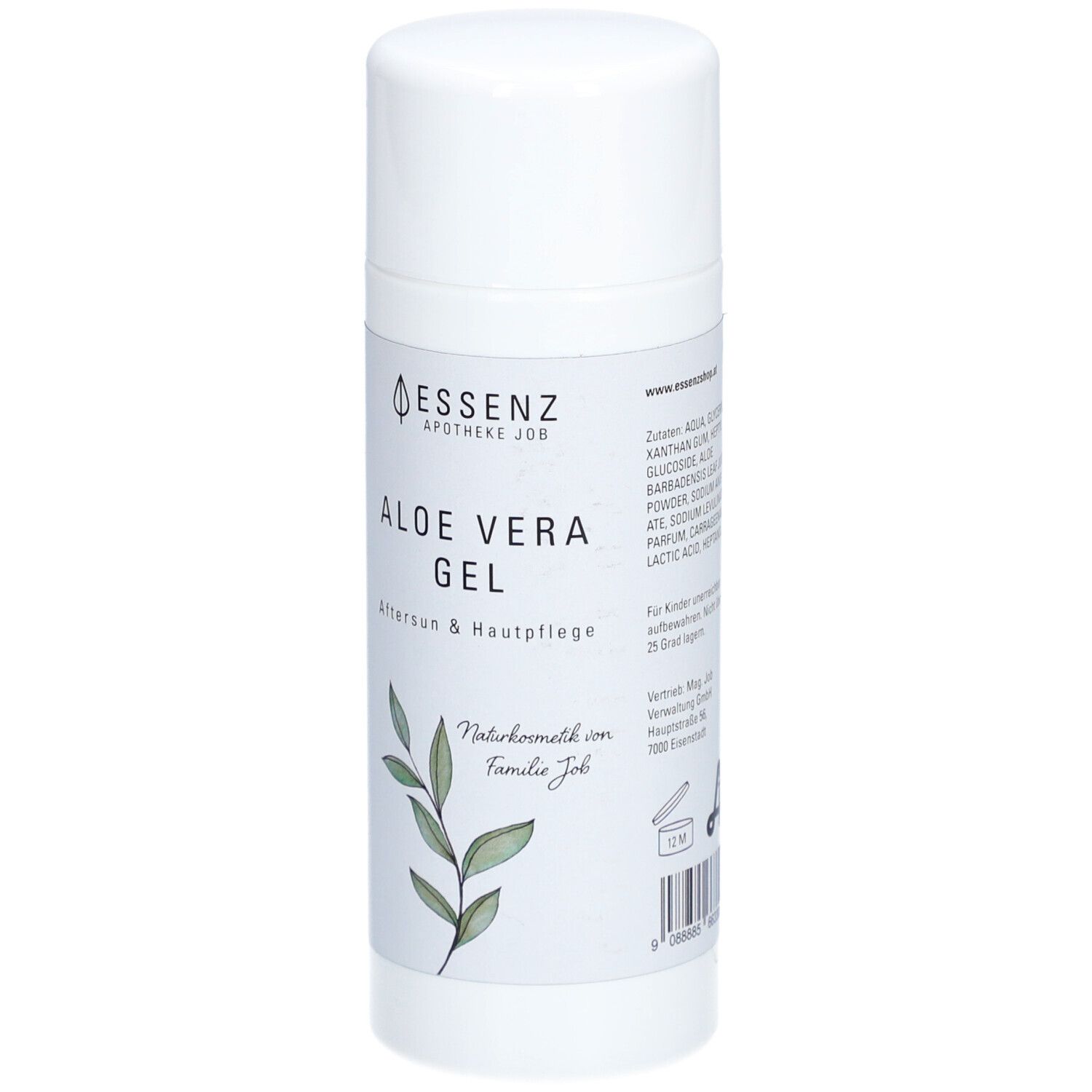 Weiße Tube mit Deckel. Aufschrift: Essenz Aloe Vera Gel. Mit Logo und Pflanzenabbildung. Text: Aftersun & Hautpflege. Inhaltsstoffe.