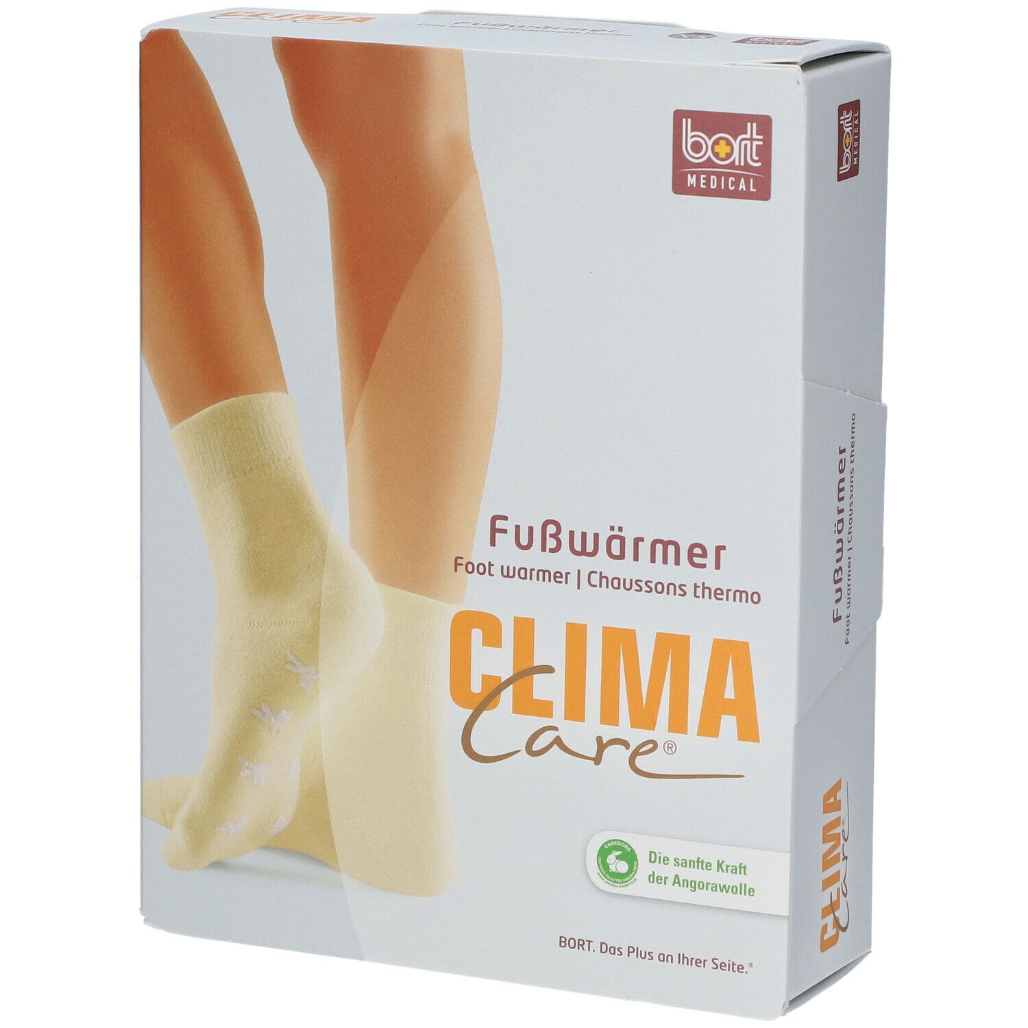 Verpackung mit Fußwärmern. Aufdruck: CLIMA Care, Fußwärmer, bort MEDICAL. Abbildung: Füße mit gelben Socken.