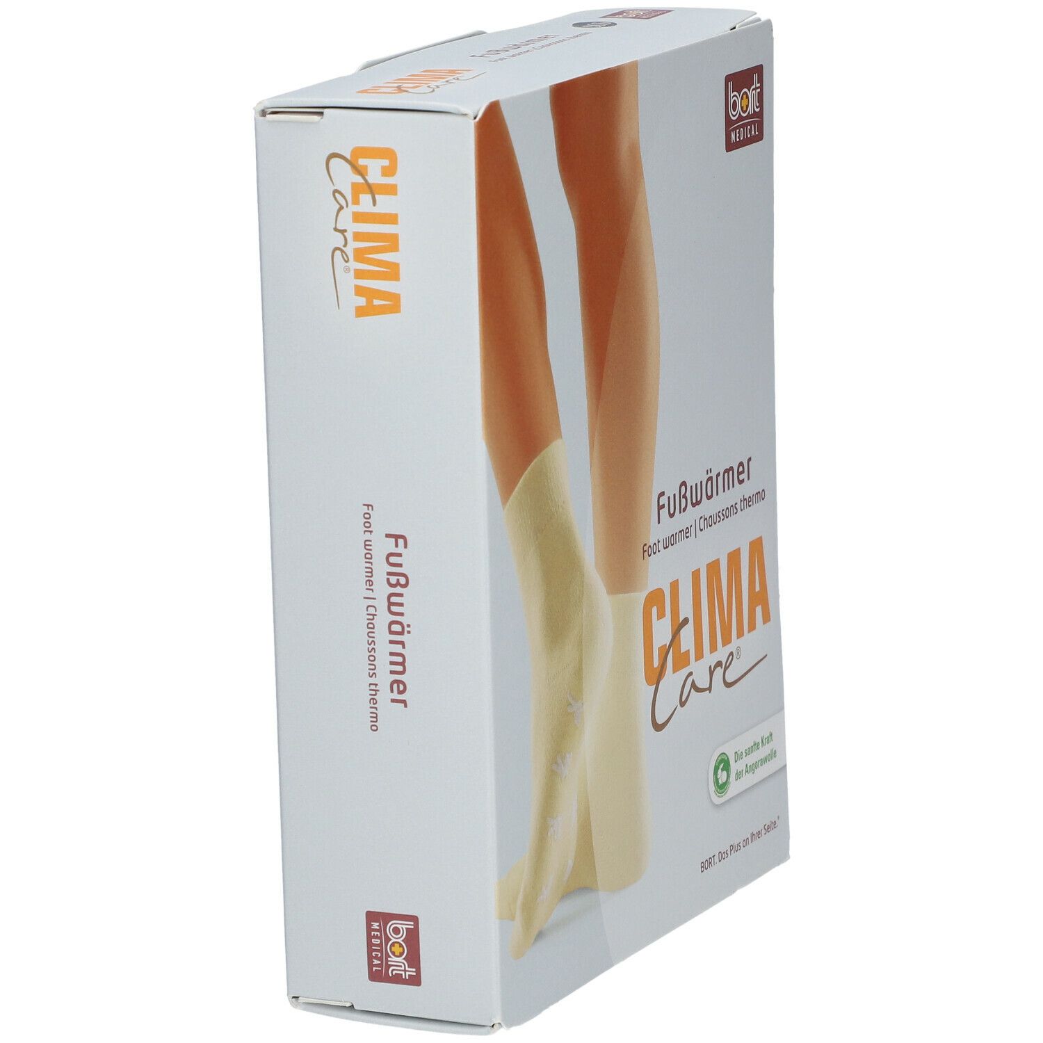 Verpackung von Fußwärmern. Aufdruck: CLIMA Care, Fußwärmer, bort MEDICAL. Abbildung: Füße mit gelben Socken.