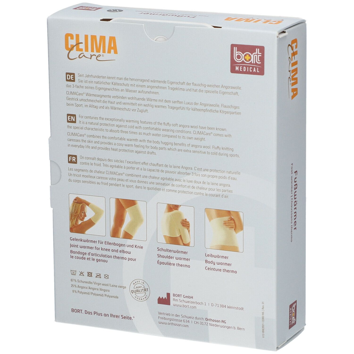 Rückseite der Verpackung mit Produktinformationen. Aufdruck: CLIMA Care, bort MEDICAL. Abbildungen: Knie-, Schulter-, und Leibwärmer.