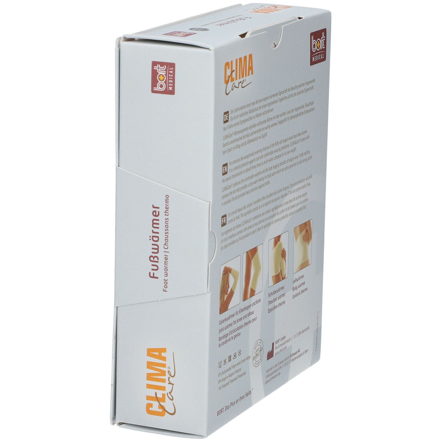 Verpackung von Fußwärmern. Aufdruck: CLIMA Care, Fußwärmer, bort MEDICAL. Abbildungen: Anwendungsbeispiele.