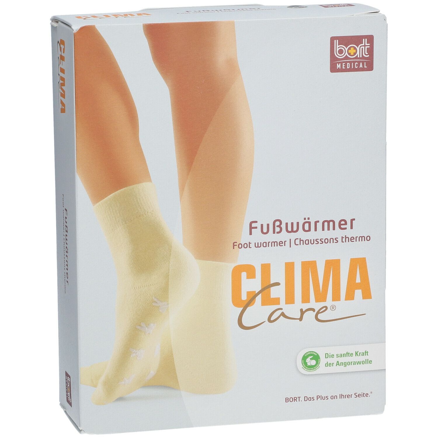 Verpackung mit Fußwärmern. Aufdruck: CLIMA Care, Fußwärmer, bort MEDICAL. Abbildung: Füße mit gelben Socken.