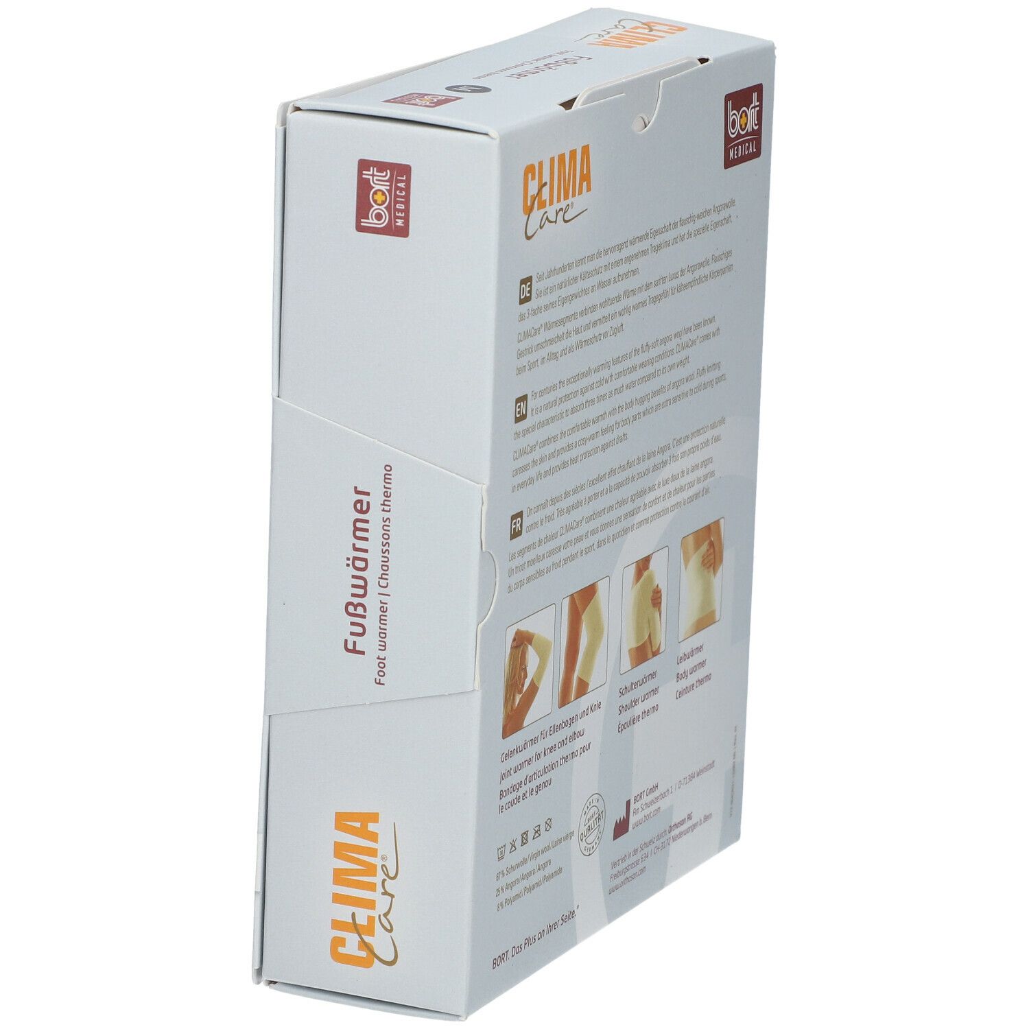 Verpackung mit Fußwärmer. Aufdruck: CLIMA Care, Fußwärmer, bort MEDICAL. Seitenansicht mit Produktabbildungen.