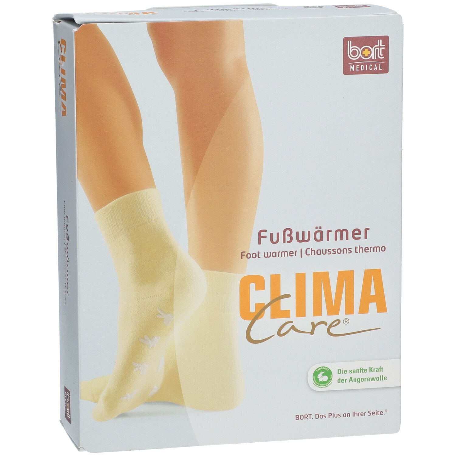 Verpackung mit Fußwärmer. Aufdruck: CLIMA Care, Fußwärmer, bort MEDICAL. Abbildung: Füße mit Socken.