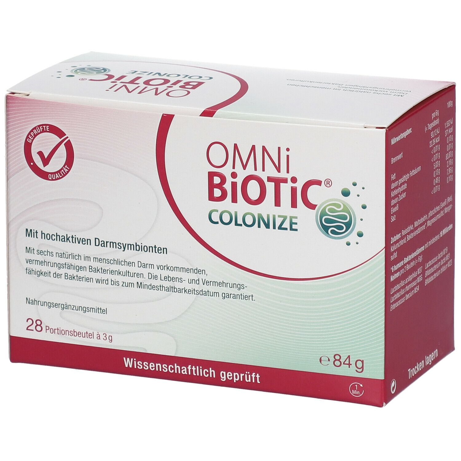 Karton mit OMNi-BiOTiC COLONIZE. 28 Portionsbeutel, 3g pro Beutel. Logo mit Qualitätszertifizierung. Wissenschaftlich geprüft.