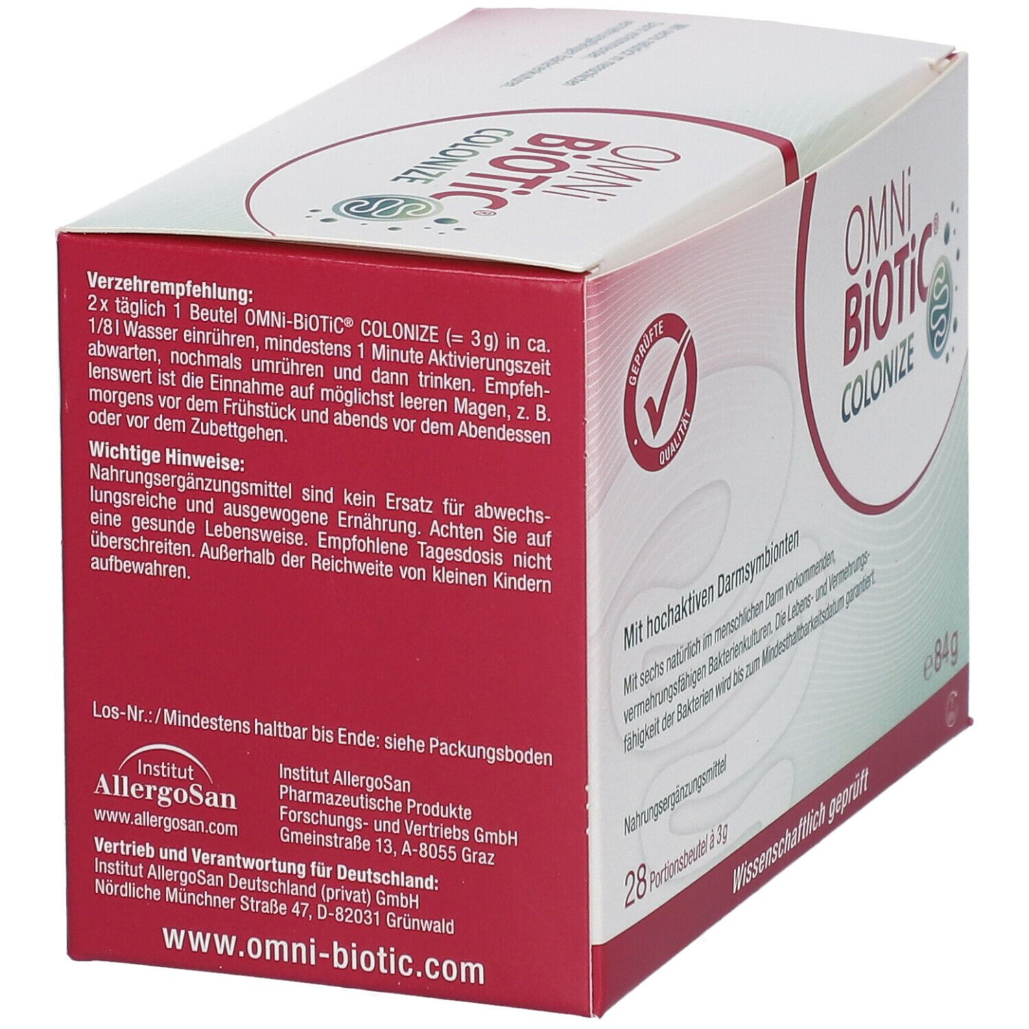 Rückseite der OMNi-BiOTiC COLONIZE Verpackung. Enthält Informationen zur Anwendung und Inhaltsstoffe. Herstellerangaben.