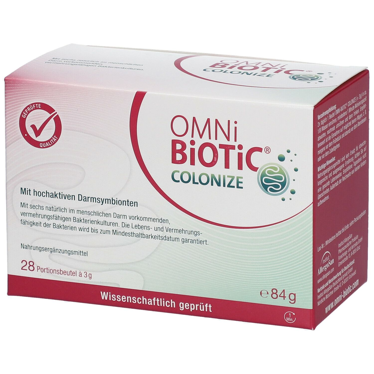 OMNi-BiOTiC COLONIZE Karton. 28 Portionsbeutel. Logo mit Qualitätszertifizierung. Wissenschaftlich geprüft. Rote und weiße Farbgebung.