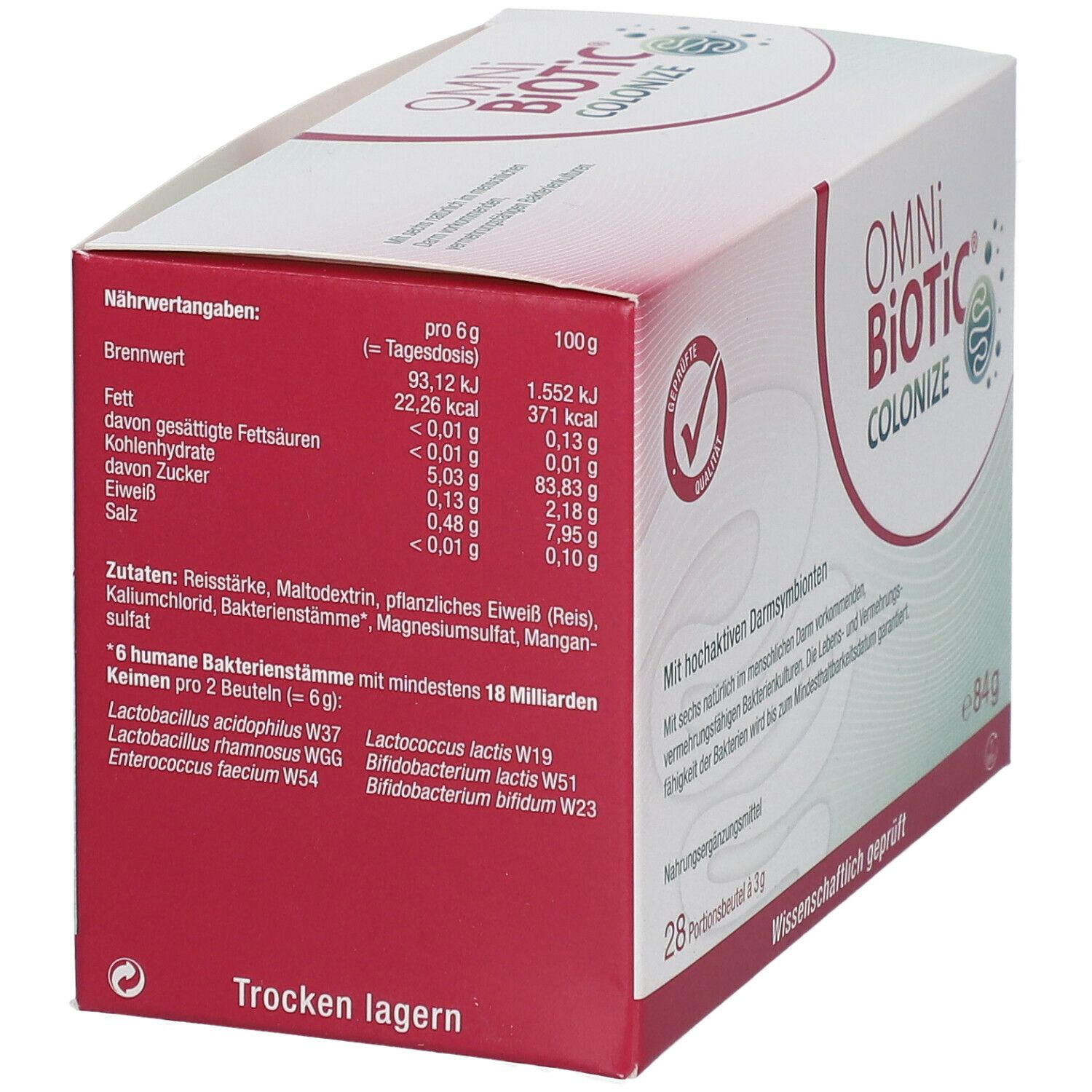 OMNi-BiOTiC COLONIZE Verpackung mit Nährwertangaben und Zutatenliste. Enthält 6 Bakterienstämme.