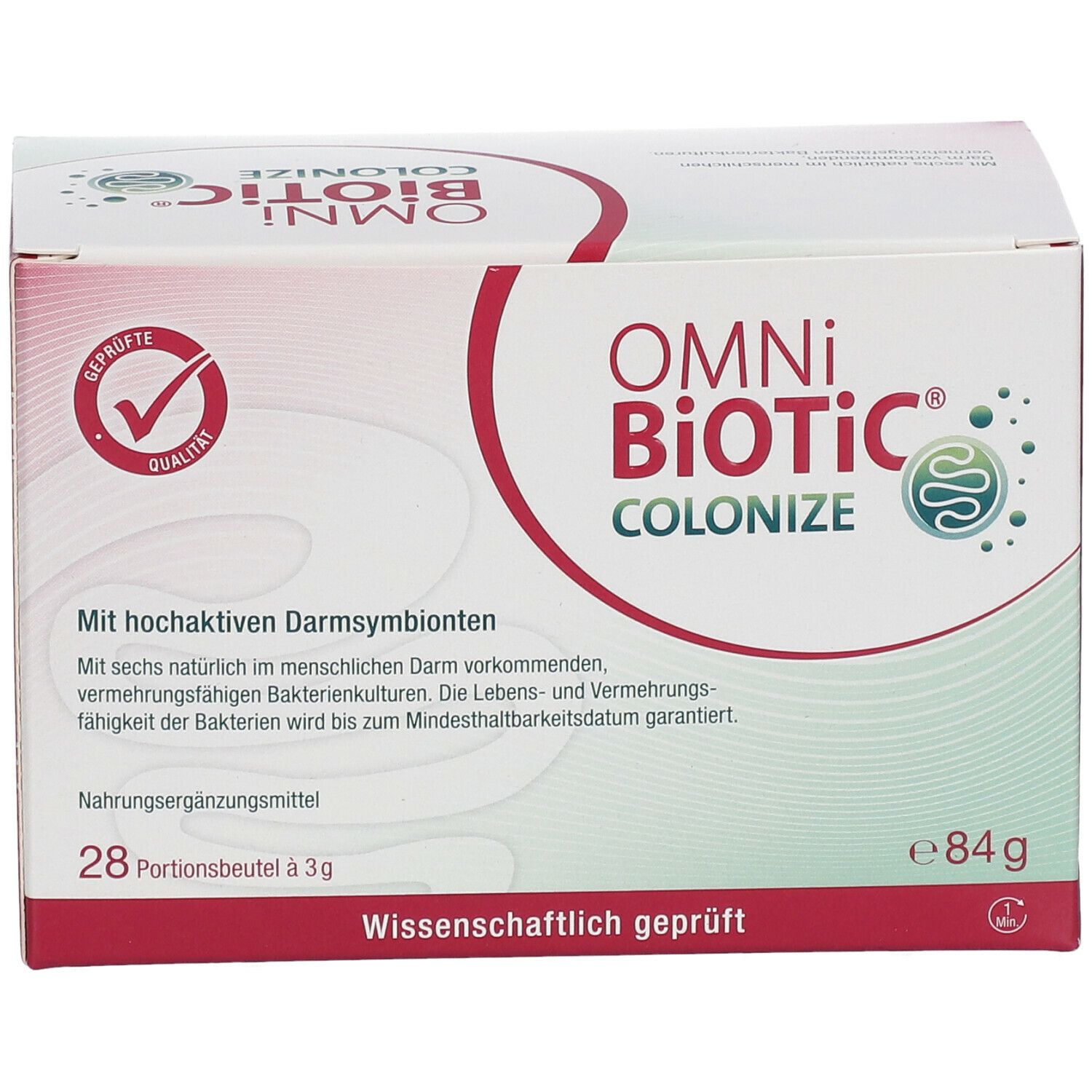 OMNi-BiOTiC COLONIZE Karton. 28 Portionsbeutel. Logo mit Qualitätszertifizierung. Wissenschaftlich geprüft. Weiß und rot.